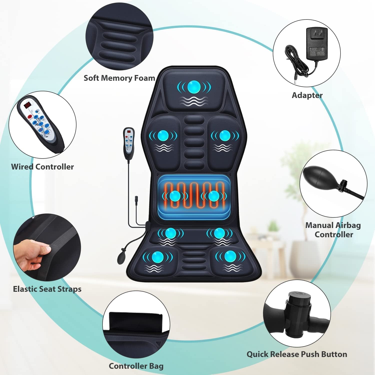 ENGOO Massage Pad with Heat & Lumbar Airbag Support - 9 Vibration Modes, Multi-Zone Relief for Home, Office & Car Use