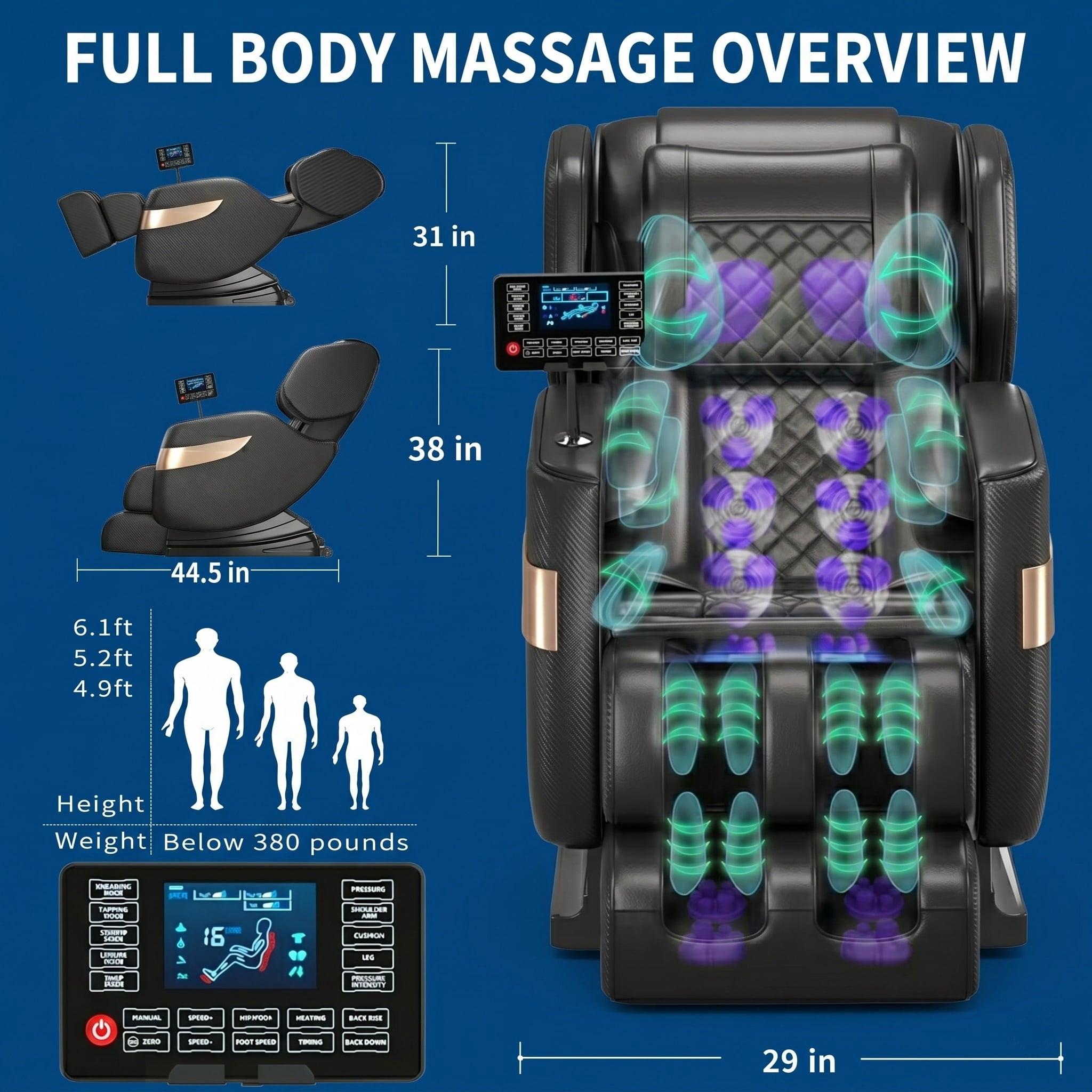 Massage Chair Full Body, Zero Gravity Massage Chair with 10 Fix Rollers, Heating, Foot Massage, Auto Modes, Bluetooth Speaker, Touch Screen Controller