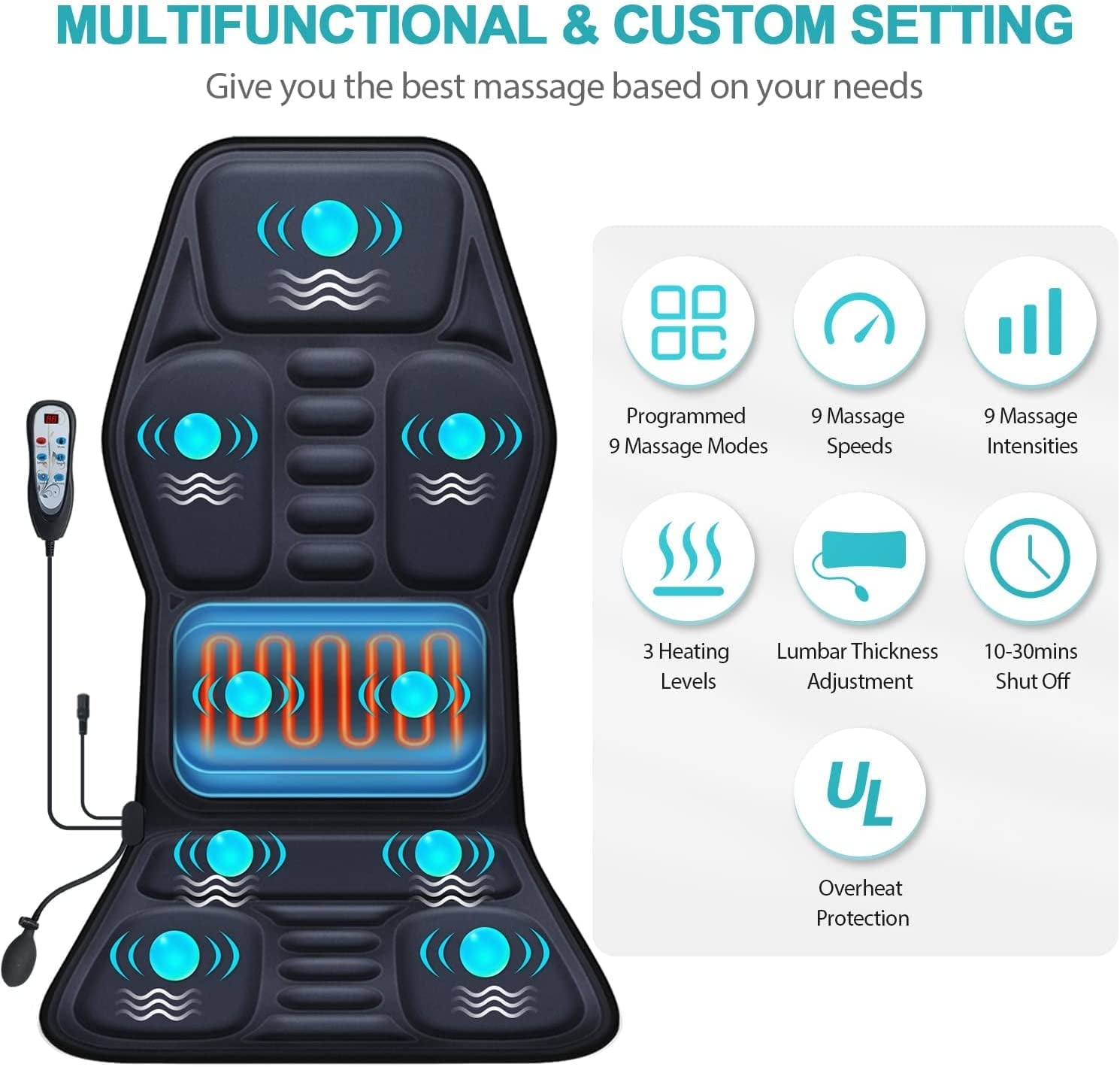 ENGOO Massage Pad with Heat & Lumbar Airbag Support - 9 Vibration Modes, Multi-Zone Relief for Home, Office & Car Use