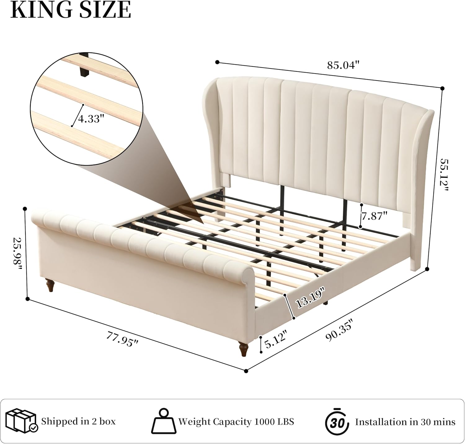 King Size Platform Bed Frame with 54" Tall Headboard, Velvet Upholstered Sleigh Bed with Scroll Wingback Headboard & Footboard, Wooden Slats, Noise Free, No Box Spring Needed, Easy Assembly, Cream