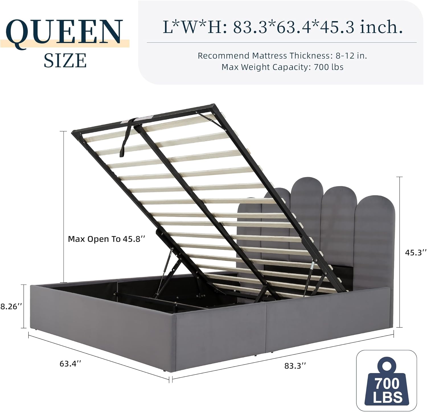 Queen Size Lift Up Storage Bed, Velvet Headboard Upholstered Platform Bed Frame, Hydraulic Storage System, Wooden Slats Support, No Box Spring Needed, Easy Assembly, Gray