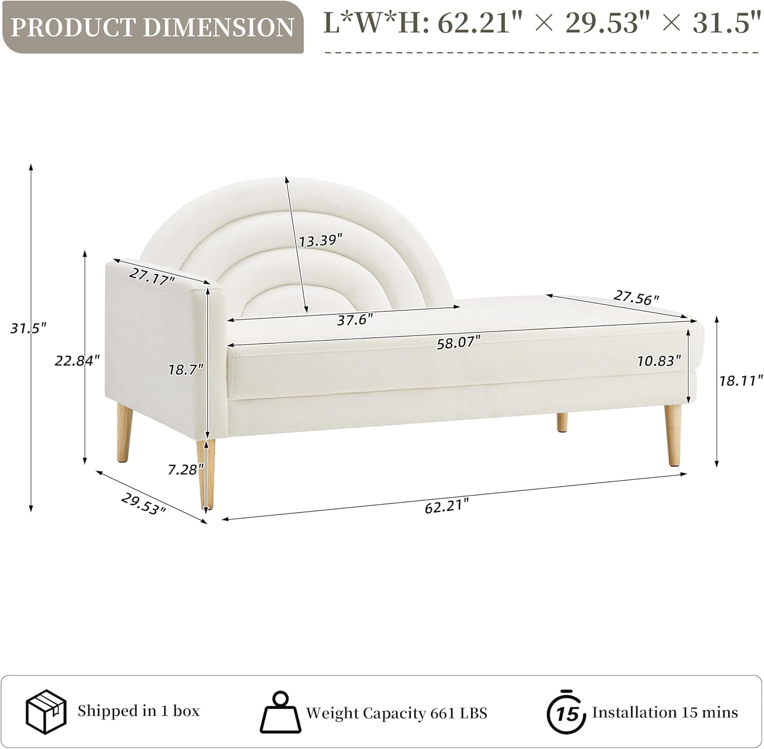 31.5" Chaise Lounge Chair Indoor with Right Armrest, Upholstered Furniture Linen Sofa Bed, Modern Sleeper Couch, Recliner Chair Lounge Sofa for Bedroom/Office/Living Room,Easy Assembly, Cream