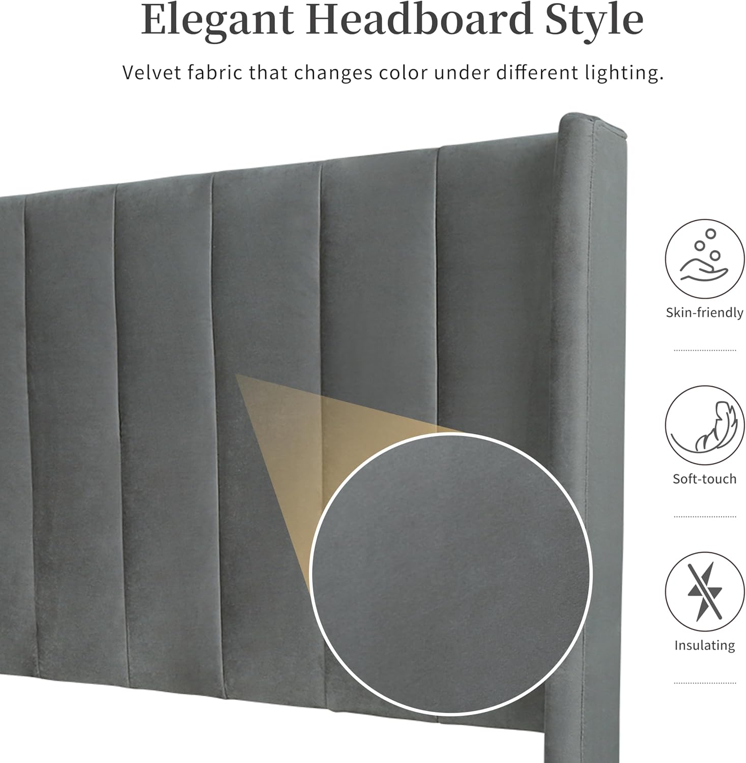 Twin Size Platform Bed Frame with Wingback Headboard, Velvet Fabric Upholsteredand, Metal Frame & Wooden Slats Support, No Box Spring Needed, Easy Assembly, Gray