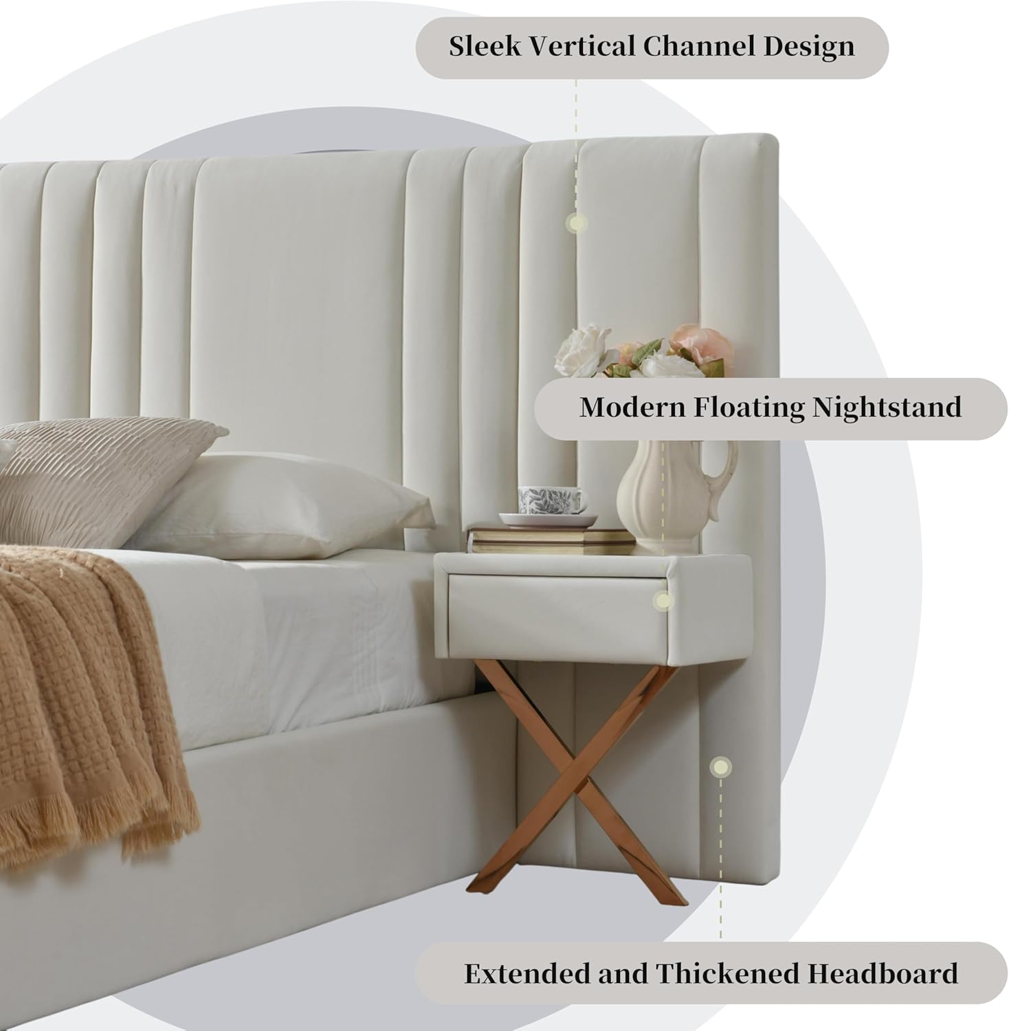 King Size Bed Frame with Built-in Nightstands, Lift Up Storage Bed with Oversize Upholstered Headboard, Luxury Bed Frame with Underneath Storage, Wood Slats Support, No Box Spring Needed, Cream