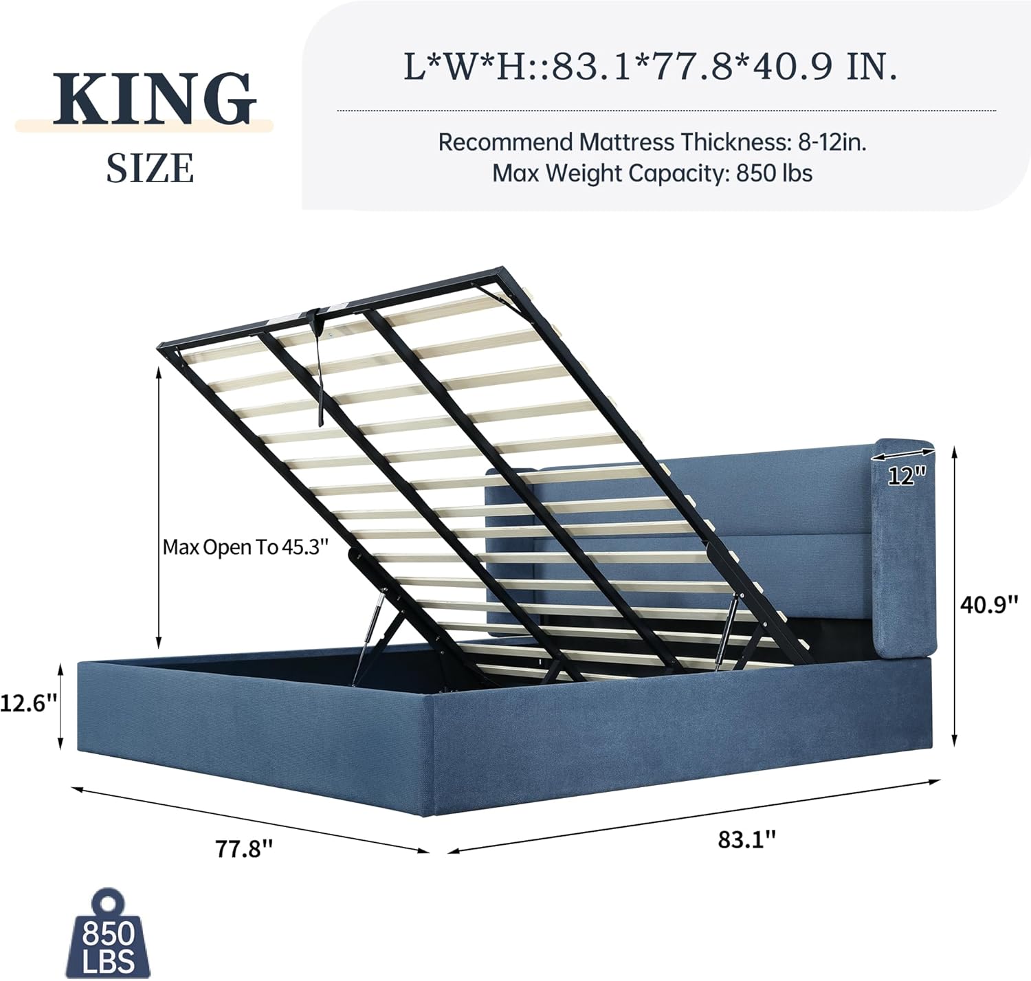 King Size Bed Frame with Storage, Upholstered Platform with Hydraulic, Flannel Fabric Wingback Headboard, Noiseless Wooden Slat Support, No Box Spring Needed, Misty Blue