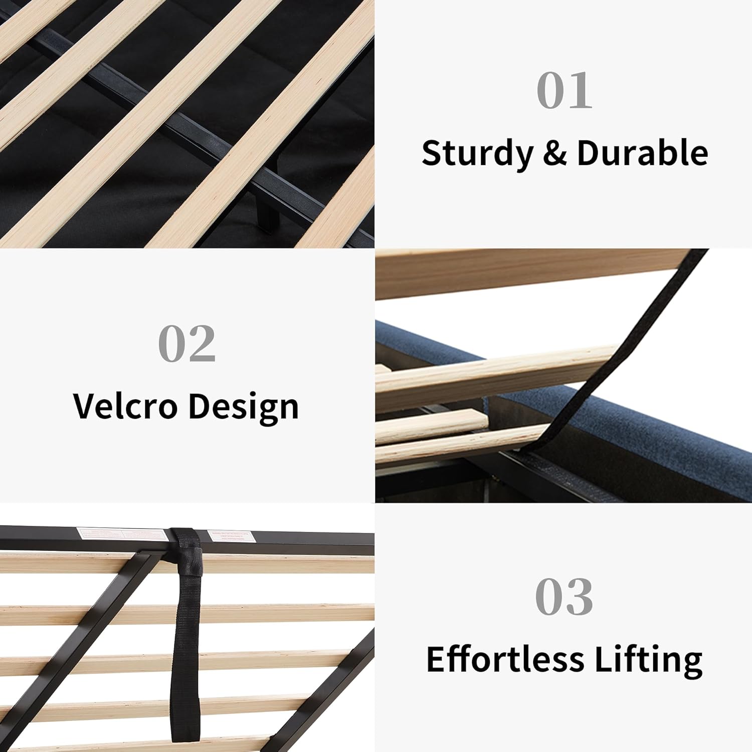 King Size Bed Frame with Storage, Upholstered Platform with Hydraulic, Flannel Fabric Wingback Headboard, Noiseless Wooden Slat Support, No Box Spring Needed, Misty Blue