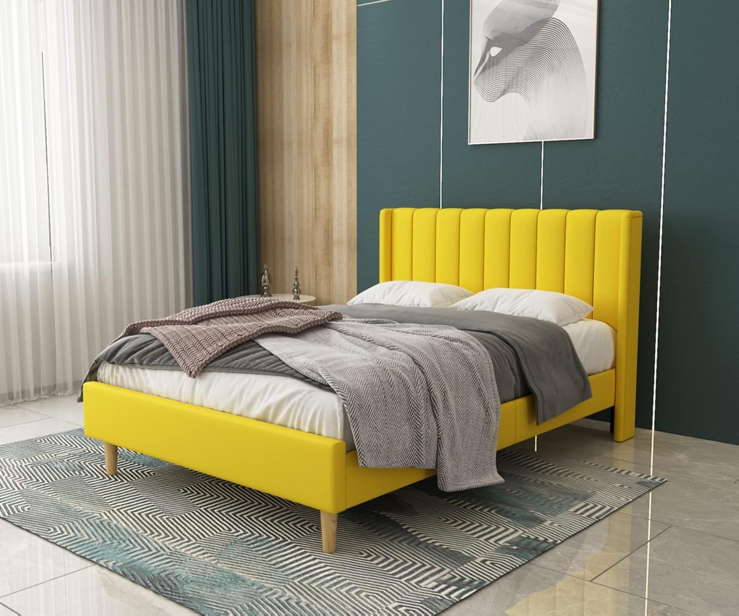 Twin Size Bed Frame, Velvet Upholstered Platform Bed with Vertical Channel Tufted Wingback Headboard, Wooden Slats Support, No Box Spring Needed, Noise-Free, Easy Assembly, Pink