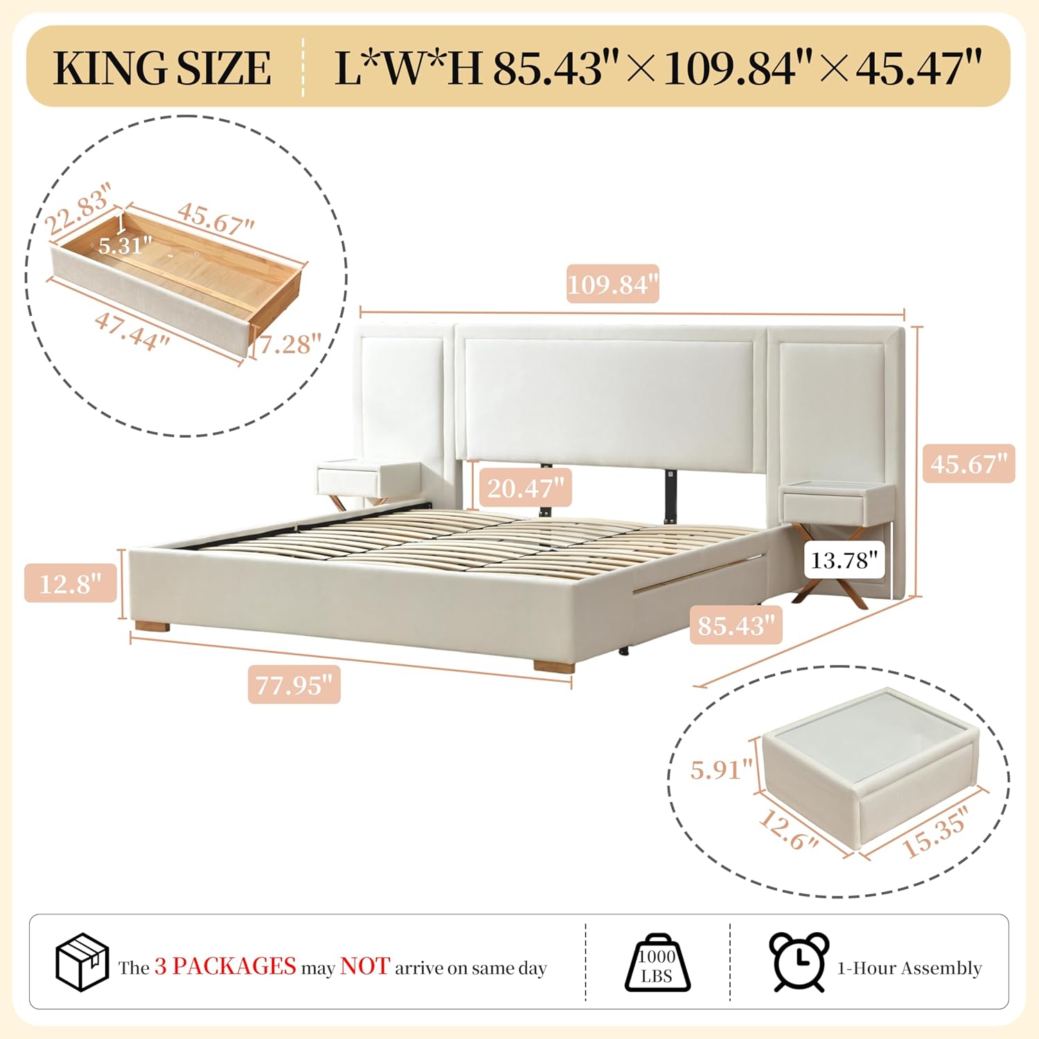 King Bed Frame with Storage, Bed Frame with Nightstands & Drawers, Velvet Upholstered Platform Bed Frame with Headboard, Noise-Free, Wood Slats, No Box Spring Needed, Easy Assembly, White