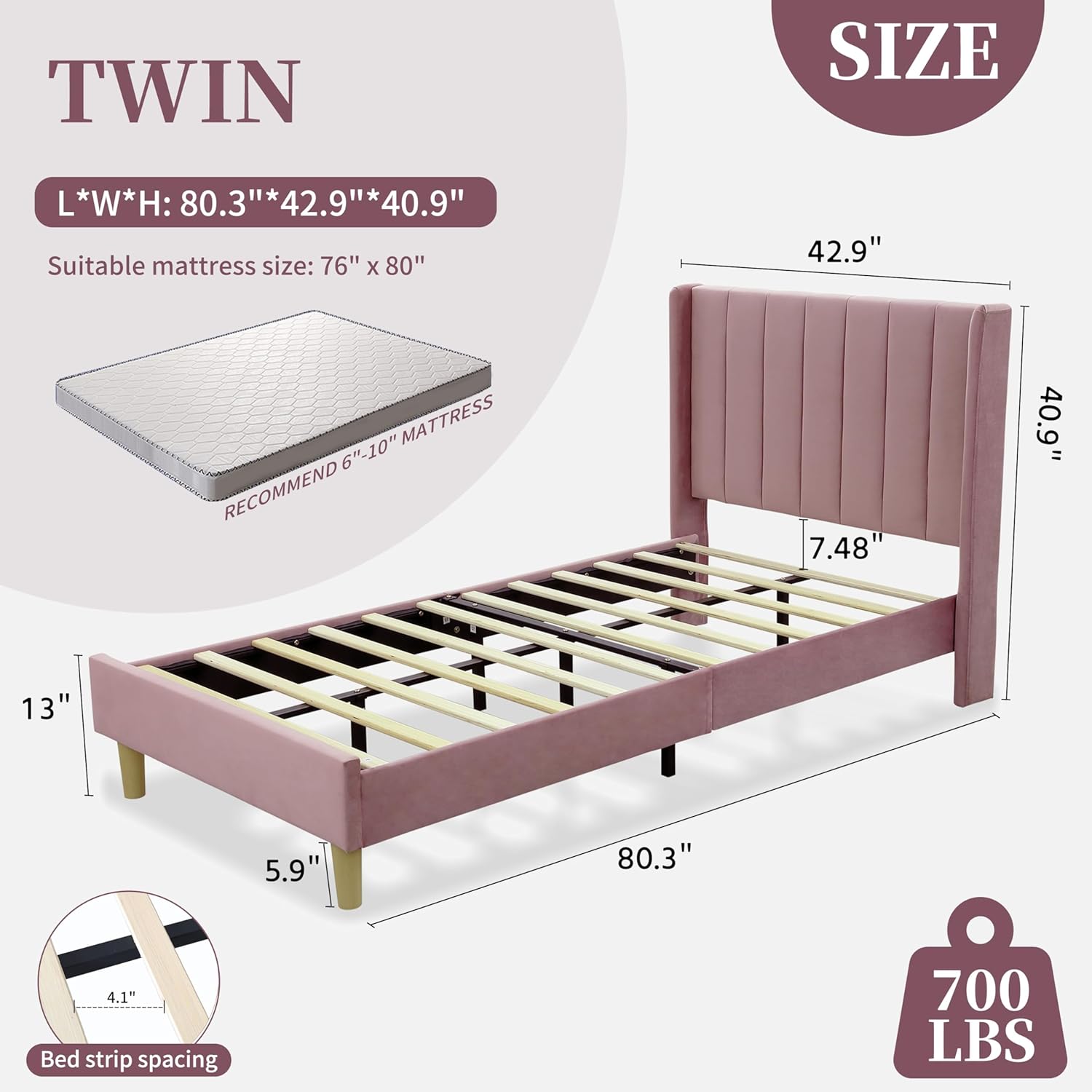 Twin Size Bed Frame, Velvet Upholstered Platform Bed with Vertical Channel Tufted Wingback Headboard, Wooden Slats Support, No Box Spring Needed, Noise-Free, Easy Assembly, Pink