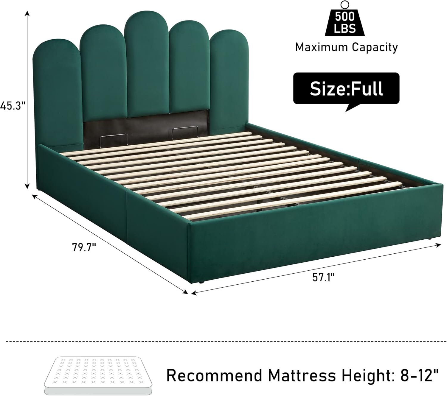 Lift Up Storage Bed Full Size, Upholstered Platform Bed with Hydraulic Storage System & Wood Slats Support, Full Bed Frame with Headboard, No Box Spring Needed, Easy Assembly, Green