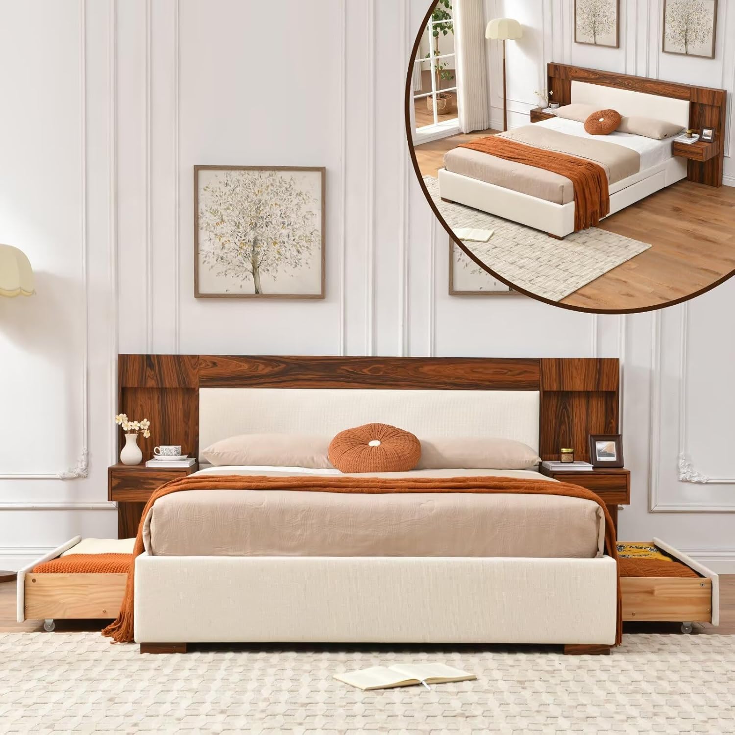 King Size Wood Bed Frame with Built-in Nightstands, Linen Platform Bed Frame with 2 Drawers, Natural Wood Grain & Luxury Upholstered Storage Headboard, No Box Spring Needed, Easy Assembly, Cream
