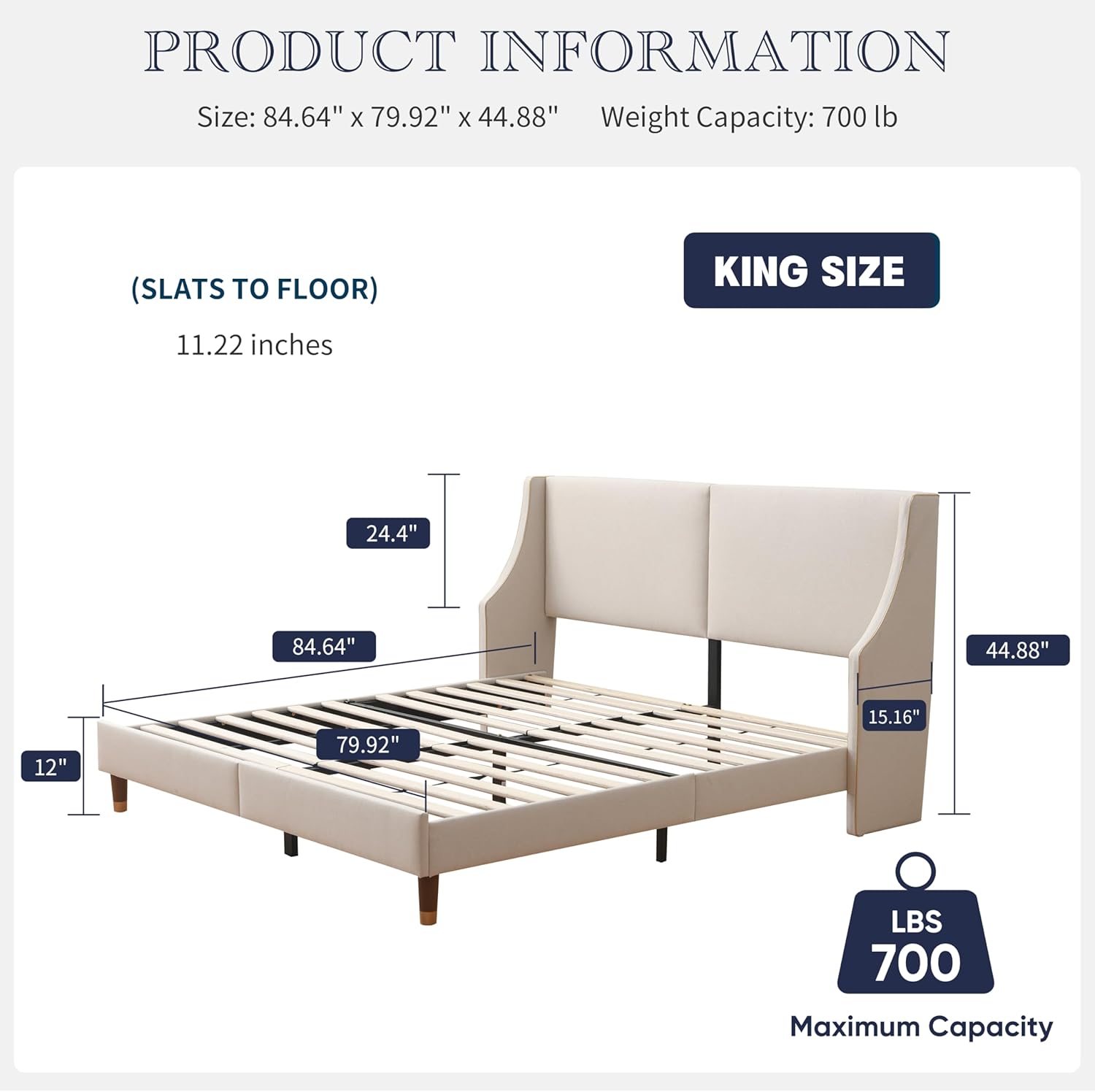King Size Upholstered Platform Bed Frame, Linen Headboard, Metal Frame Wooden Slat Support, Golden PVC Material Edge,No Box Spring Needed, High Wood Foot, Easy to Assemble, Beige