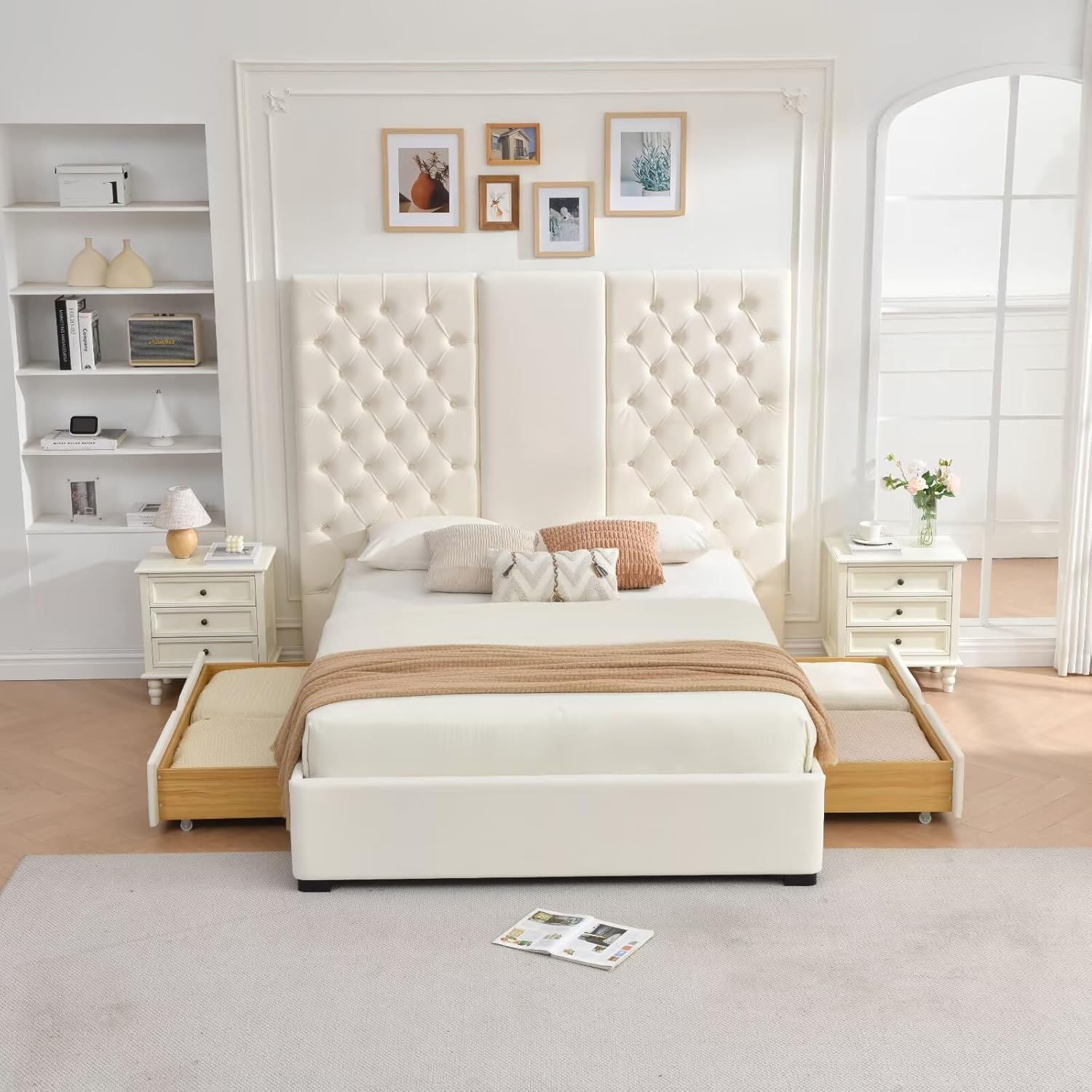 King Size Bed Frame with 63" Tall Headboard, Velvet Fabric Upholstered Platform Bed with 2 Large Storage Drawers, Deep Button Tufted, Wooden Slats, Easy Assembly, No Box Spring Needed, Gray
