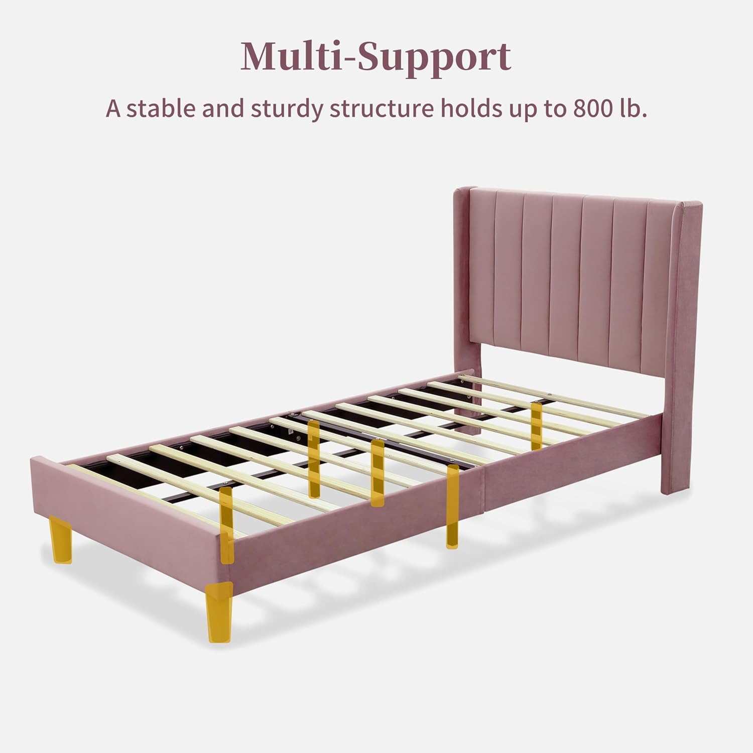 Twin Size Bed Frame, Velvet Upholstered Platform Bed with Vertical Channel Tufted Wingback Headboard, Wooden Slats Support, No Box Spring Needed, Noise-Free, Easy Assembly, Pink