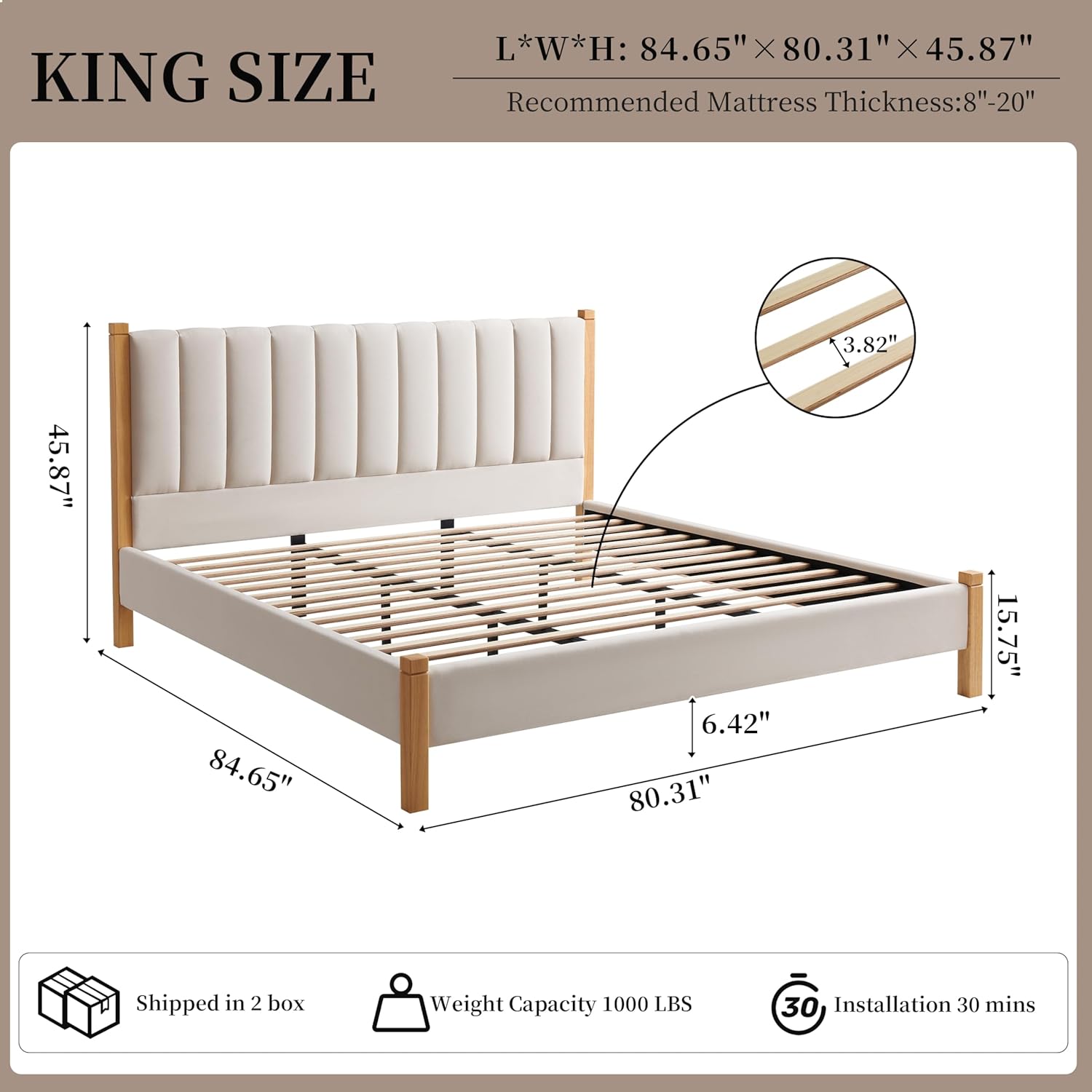 King Size Upholstered Bed Frame, Piano Key-Inspired Headboard, Linen Fabric, 4 Solid Wood Legs, Sturdy Metal & Wood Slats Construction, No Box Spring Needed, Easy Assembly, Beige