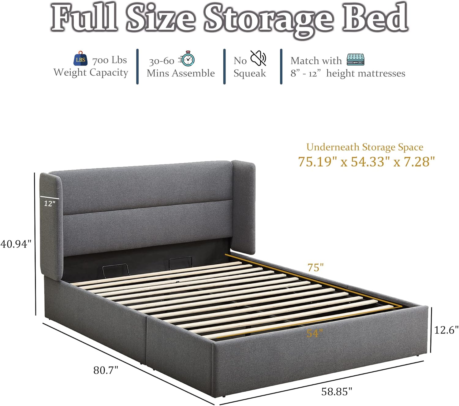 Full Size Upholstered Platform Bed Frame with Wingback Headboard, Wood Slats Support, Noiseless, Easy Assembly, No Box Spring Needed, Light Grey
