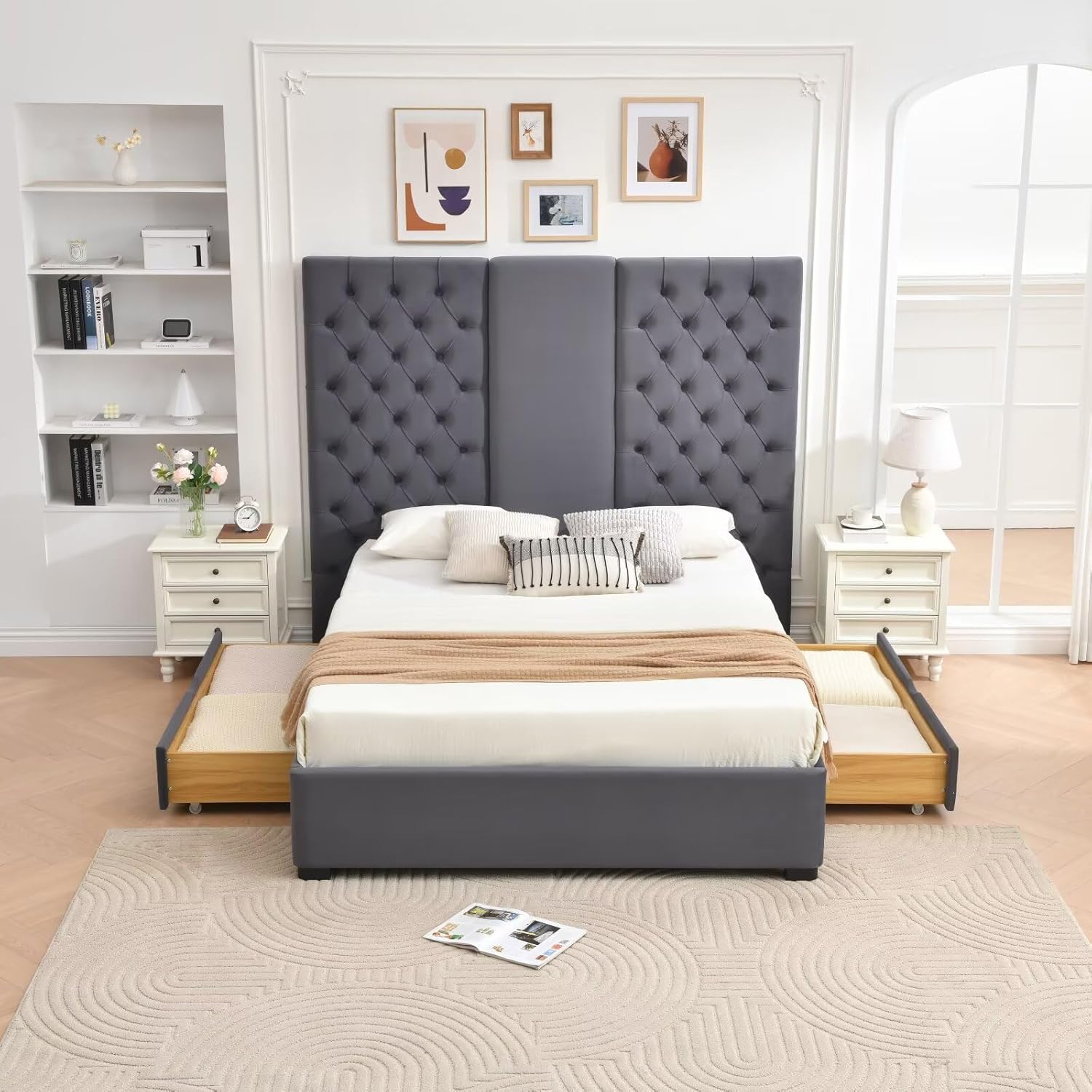 King Size Bed Frame with 63" Tall Headboard, Velvet Fabric Upholstered Platform Bed with 2 Large Storage Drawers, Deep Button Tufted, Wooden Slats, Easy Assembly, No Box Spring Needed, Gray