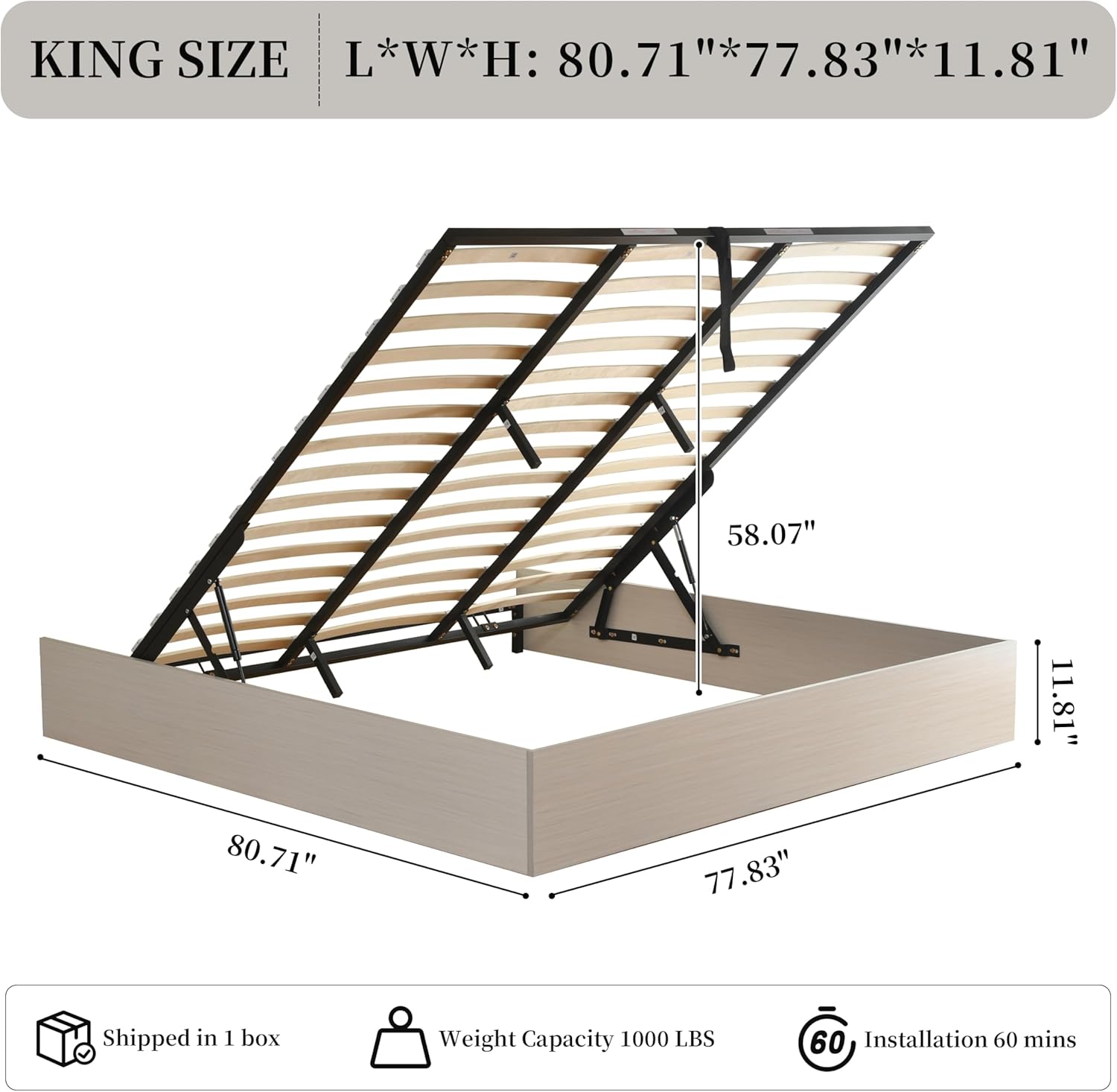 King Size Lift Up Storage Platform Bed Frame, Wood Bed Frame with Metal & Slats Support, Wooden Bed Frame Without Headboard, No Box Spring Needed, Easy Assembly, Rustic Off White