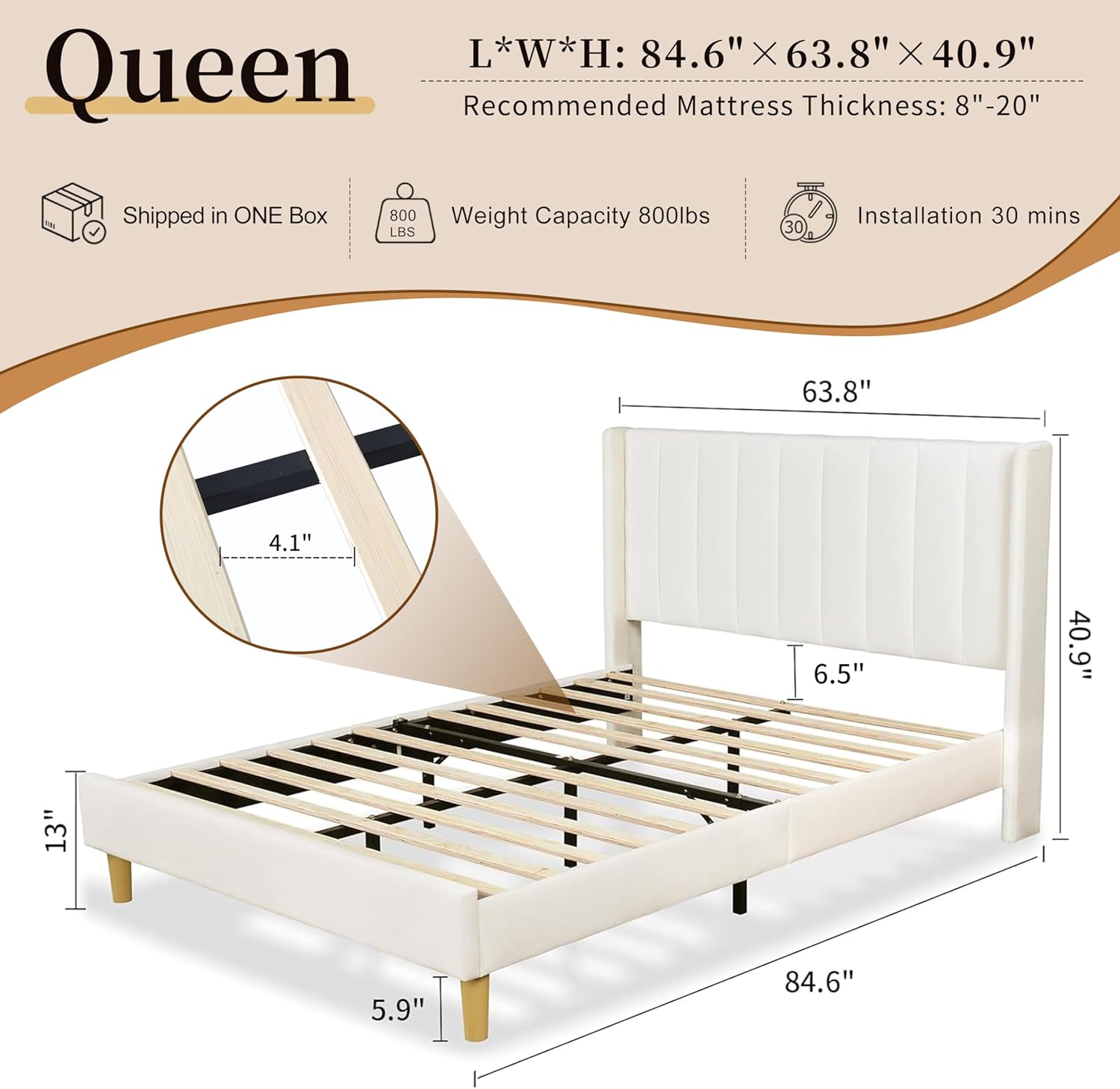 Queen Size Upholstered Platform Bed Frame with Headboard and Legsboard, Wooden Slats, Velvet Fabric, 5.9" Wood Bed Legs, No Box Spring Needed, Easy Assembly, Cream