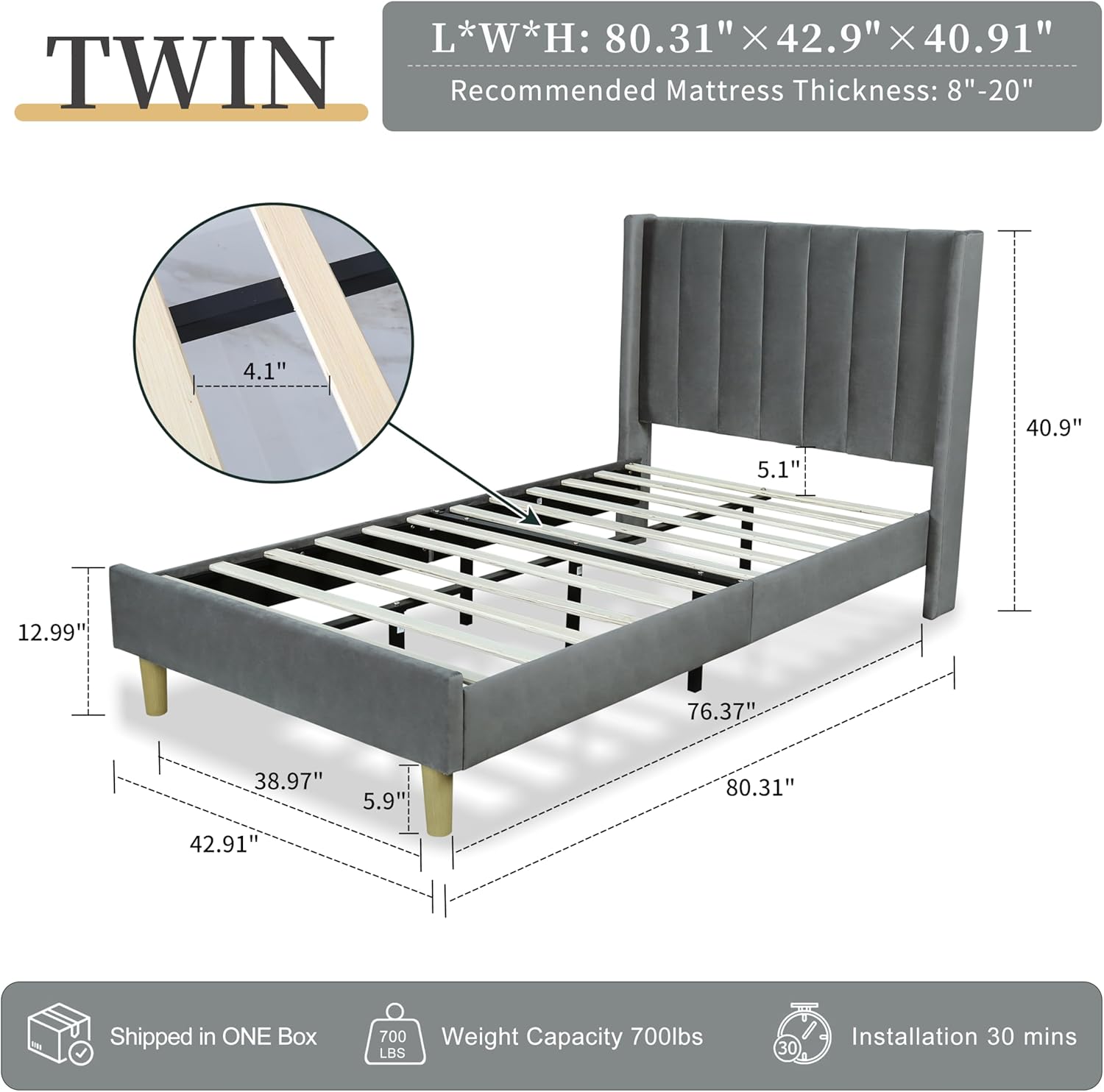 Twin Size Platform Bed Frame with Wingback Headboard, Velvet Fabric Upholsteredand, Metal Frame & Wooden Slats Support, No Box Spring Needed, Easy Assembly, Gray