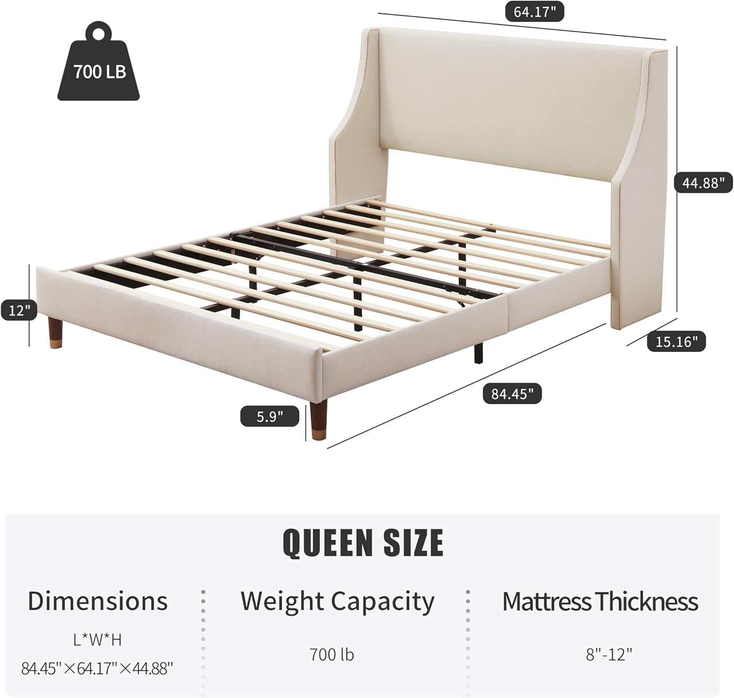 Queen Size Upholstered Platform Bed Frame, 15.16" Gold Edge Wingback Headboard, Linen Fabric & Wooden Slats, No Box Spring Needed, Easy Assembly, Beige