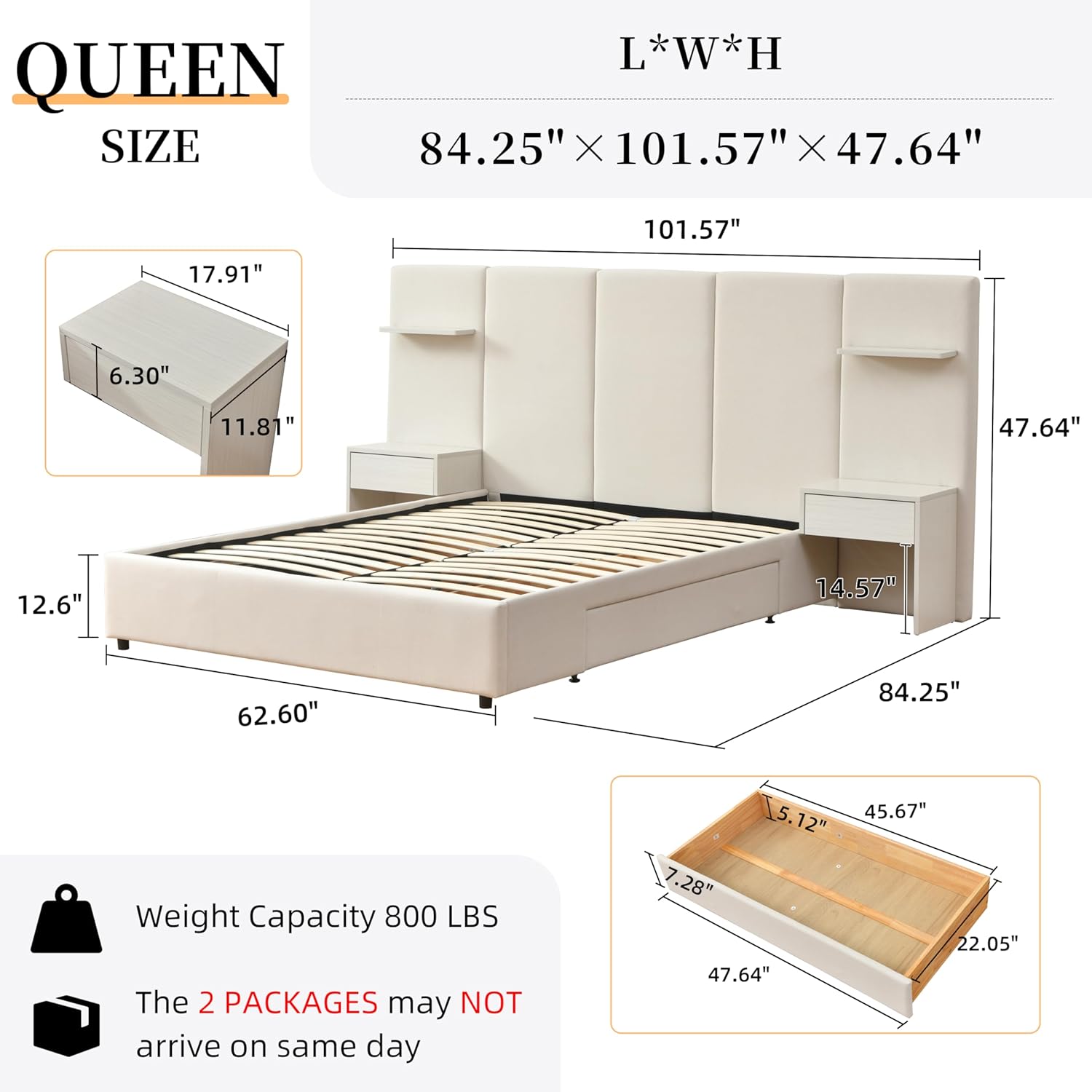 Queen Bed Frame with Storage & Built-in Nightstands, Velvet Upholstered Platform Bed Frame with Drawers & 2 Floating Storage Shelves, Noise-Free, No Box Spring Needed, Easy Assembly, Beige
