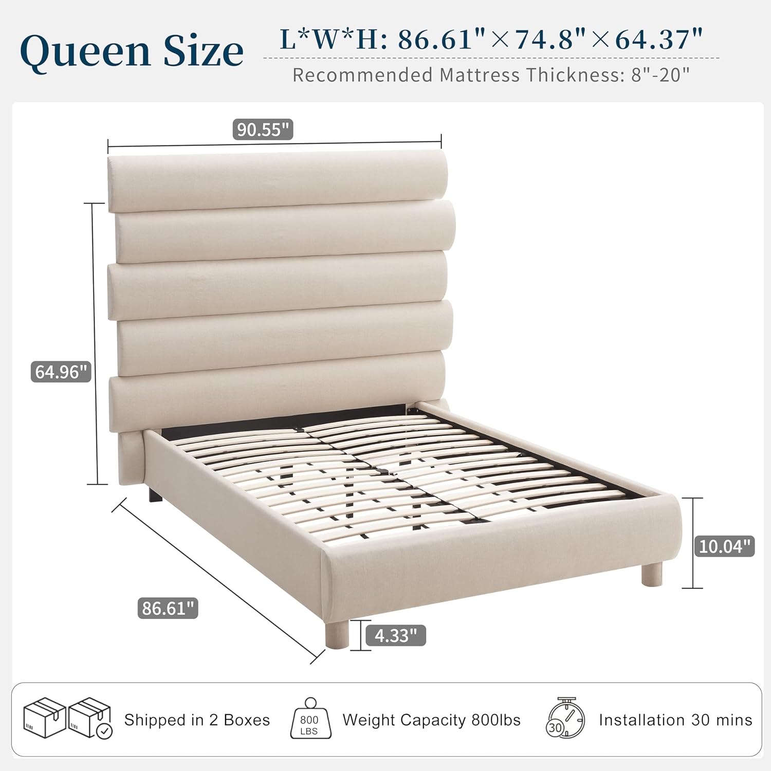 Queen Upholstered Bed Frame with 5 Tall Headboards Wingback Platform Bed Tufted Linen, No Box Spring Needed, Easy Assembly, Beige