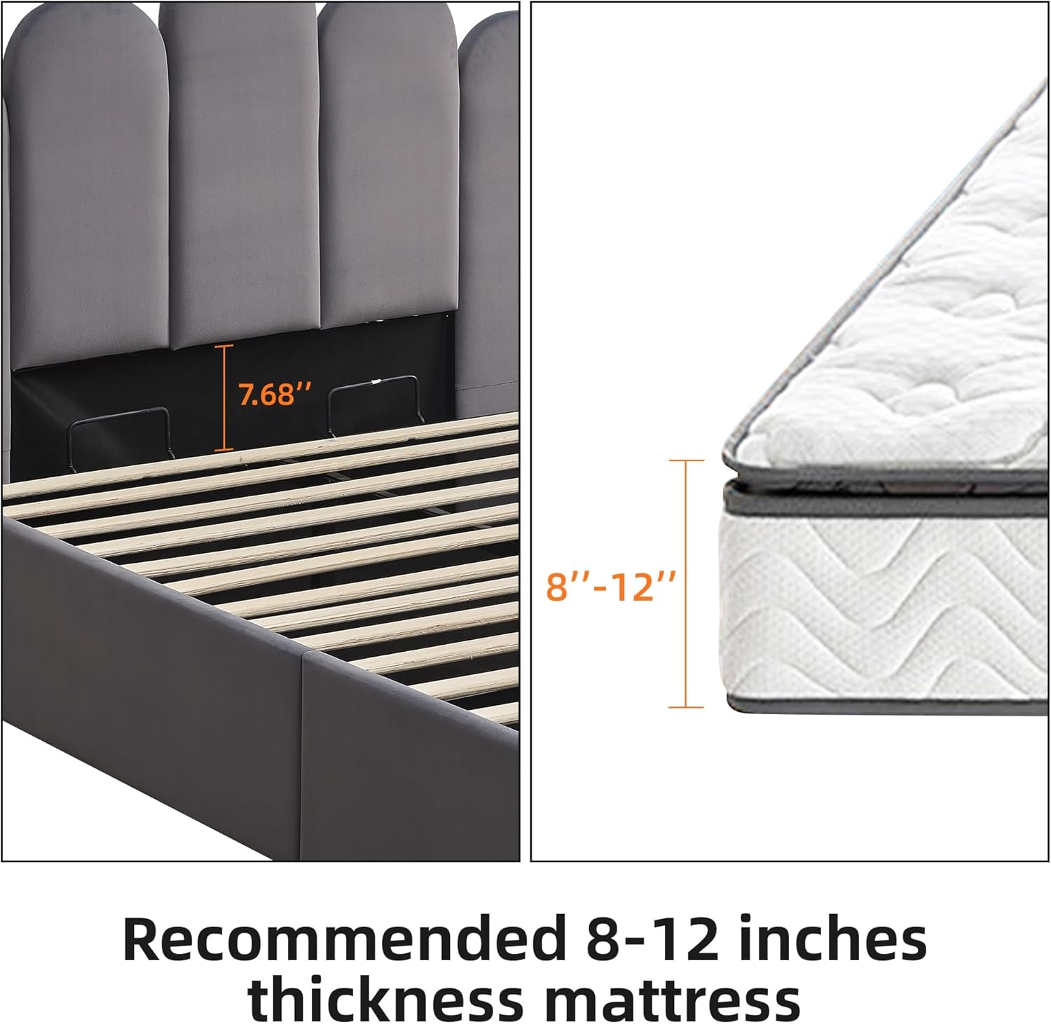 Queen Size Lift Up Storage Bed, Velvet Headboard Upholstered Platform Bed Frame, Hydraulic Storage System, Wooden Slats Support, No Box Spring Needed, Easy Assembly, Gray