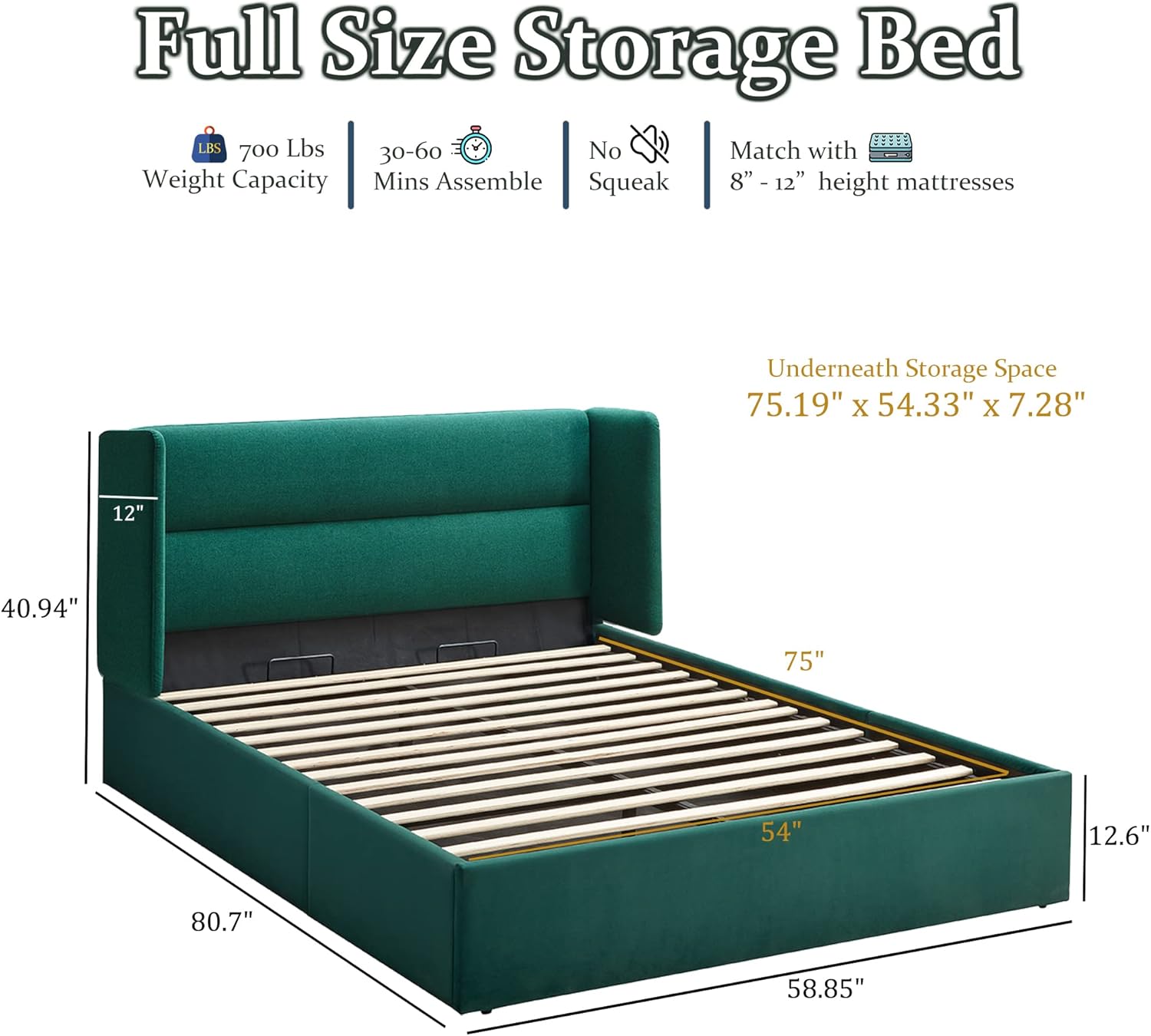 Full Size Upholstered Platform Bed Frame with Wingback Headboard, Wood Slats Support, Noiseless, Easy Assembly, No Box Spring Needed, Green