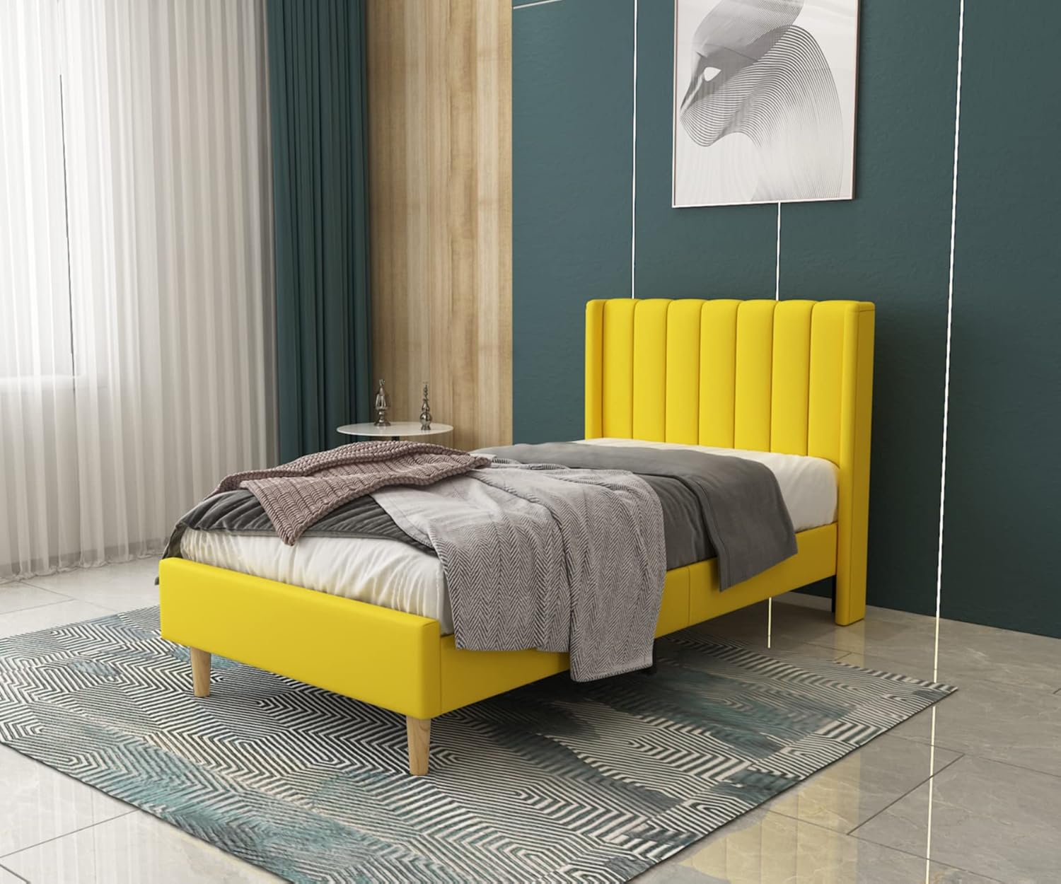 Twin Size Bed Frame, Velvet Upholstered Platform Bed with Vertical Channel Tufted Wingback Headboard, Wooden Slats Support, No Box Spring Needed, Noise-Free, Easy Assembly, Pink