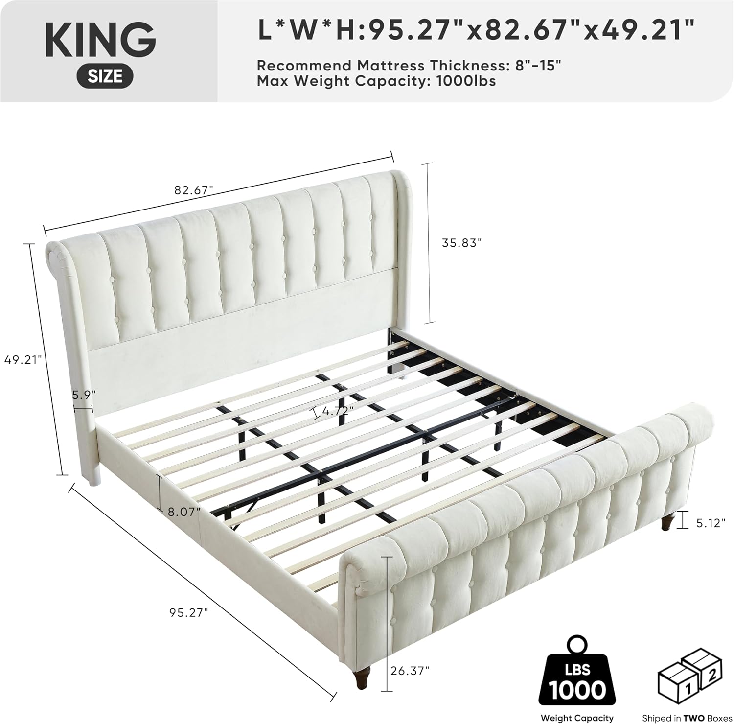 King Size Platform Bed Frame, Velvet Upholstered Sleigh Bed, Deep Button Tufted Wingback Headboard & Footboard, Wood Slat Support, No Box Spring Required, Easy Assemble, Cream