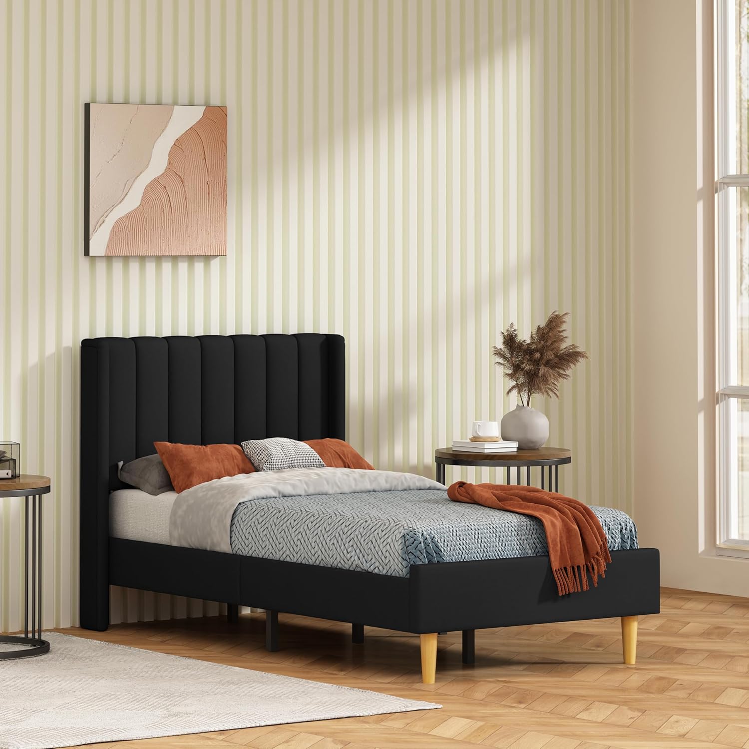 Twin Size Platform Bed Frame with Wingback Headboard, Velvet Fabric Upholsteredand, Metal Frame & Wooden Slats Support, No Box Spring Needed, Easy Assembly, Gray
