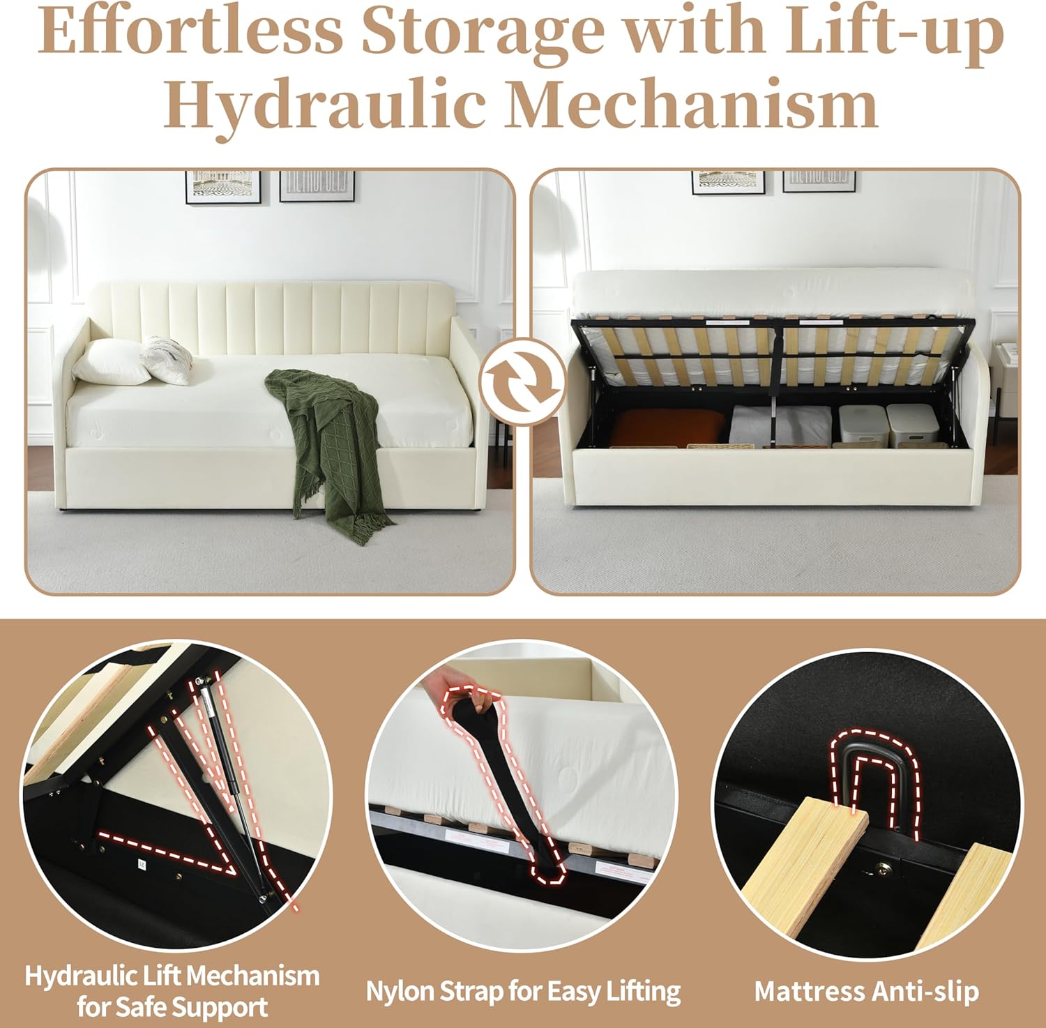 Twin Daybed with Storage, Velvet Upholstered Daybed with Vertical Channel Tufted Headboard, Solid Support, No Box Spring Needed, Easy Assembly, Cream