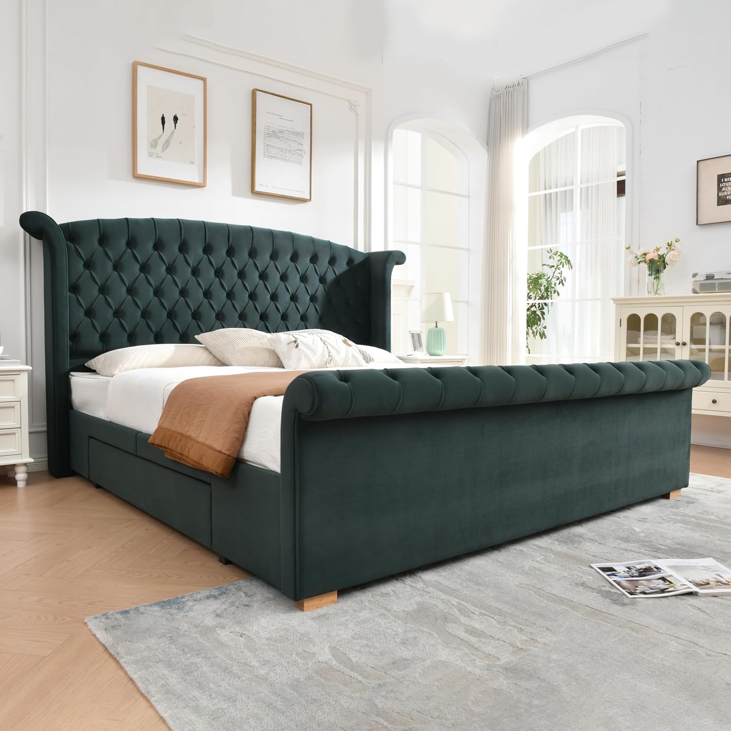 King Size Sleigh Bed Frame with Storage, Platform Bed Frame with Headboard & Footboard, Velvet Upholstered Bed with Deep Button Tufted, Noise-Free, No Box Spring Needed, Easy Assembly, Green