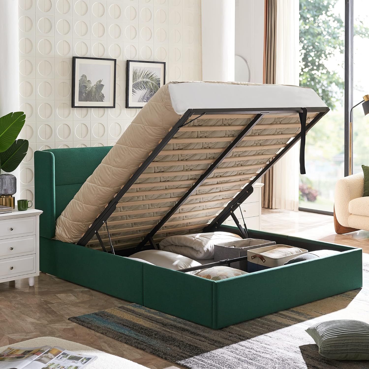 Full Size Upholstered Platform Bed Frame with Wingback Headboard, Wood Slats Support, Noiseless, Easy Assembly, No Box Spring Needed, Green