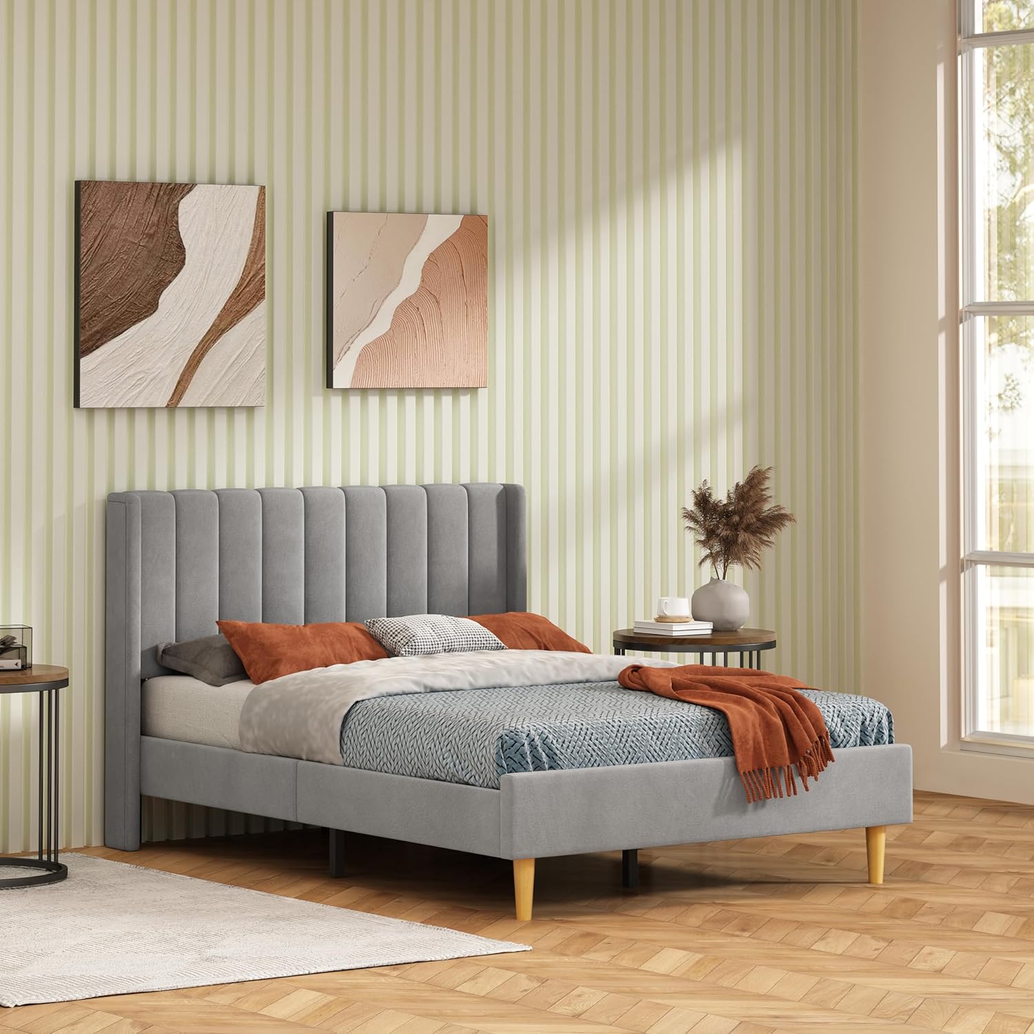 Twin Size Platform Bed Frame with Wingback Headboard, Velvet Fabric Upholsteredand, Metal Frame & Wooden Slats Support, No Box Spring Needed, Easy Assembly, Gray