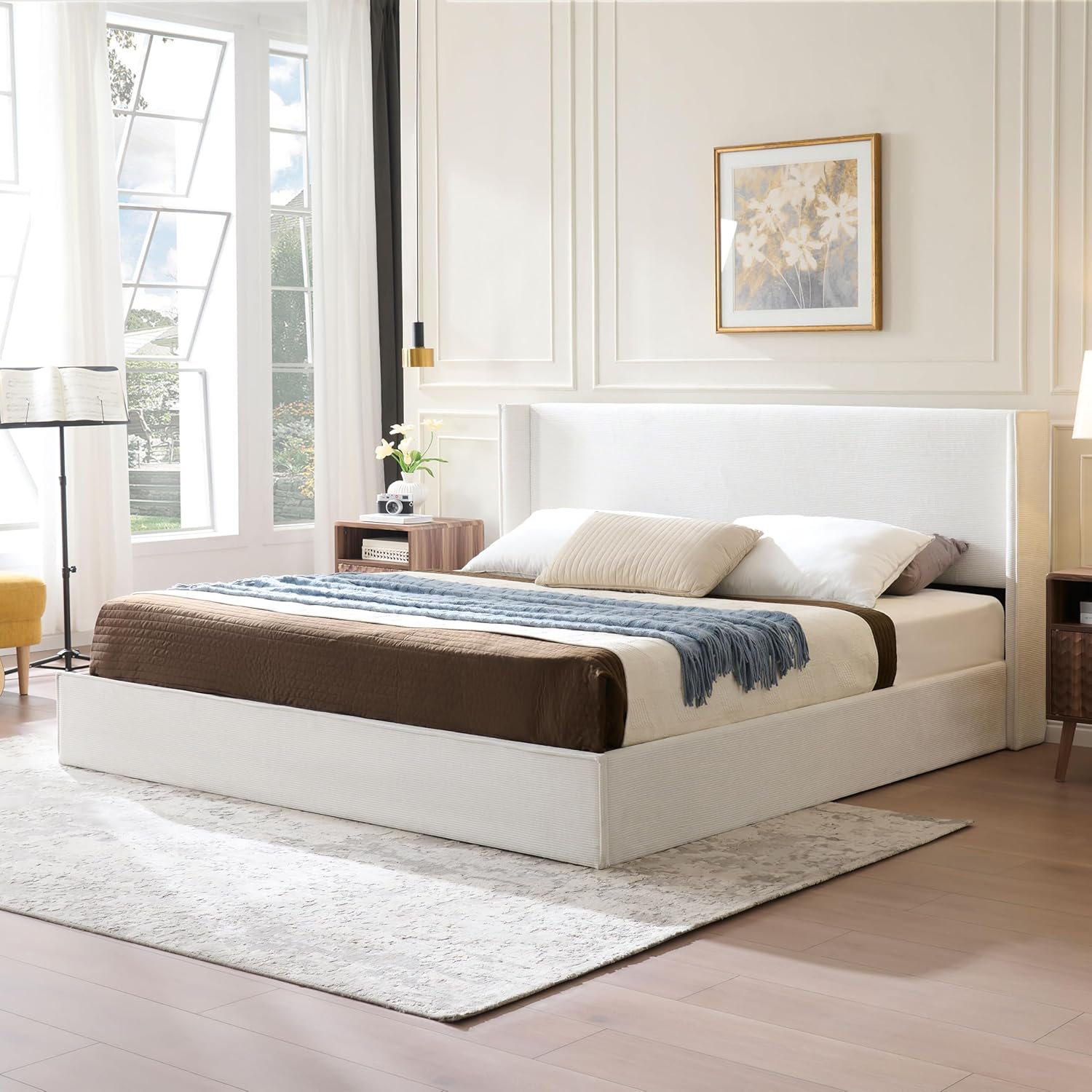 King Size Upholostered Bed Frame with Gas Lift Storage, Modern Wingback Headboard, Hydraulic Support, Corduroy Fabric, Sturdy, No Box Spring Needed, Easy Assembly, Cream
