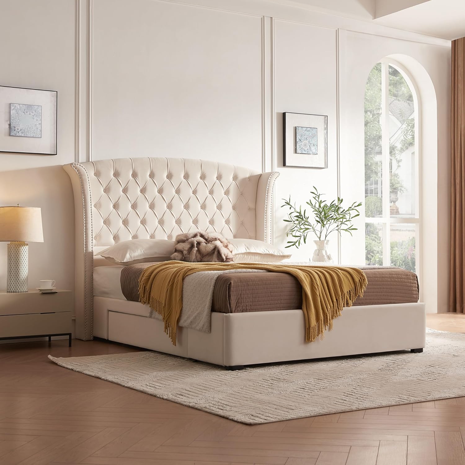 Upholstered Queen Size Bed Frame with 2 Storage Drawers, Button Tufted Wingback Headboard, Heavy Duty Mattress Foundation with Wooden Slats, No Box Spring Needed, Easy Assemable, Beige