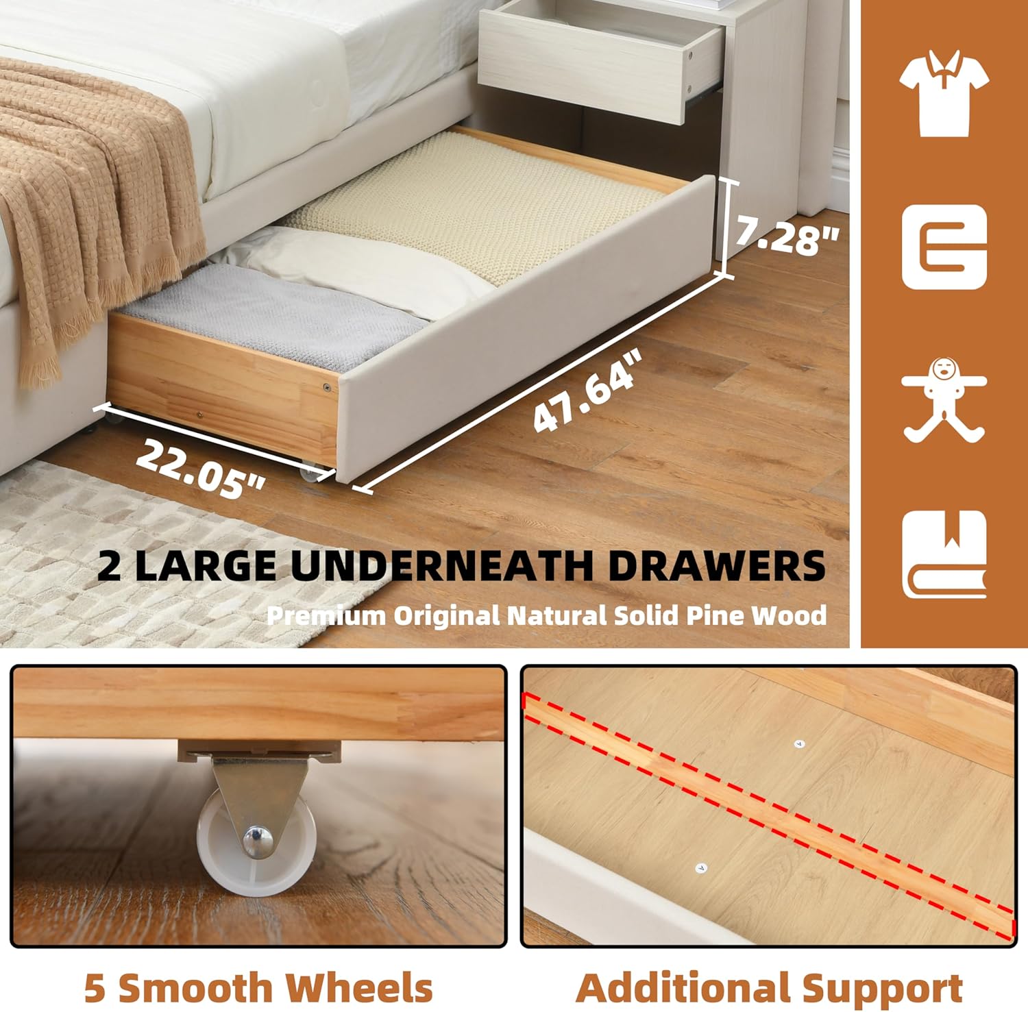 Queen Bed Frame with Storage & Built-in Nightstands, Velvet Upholstered Platform Bed Frame with Drawers & 2 Floating Storage Shelves, Noise-Free, No Box Spring Needed, Easy Assembly, Beige