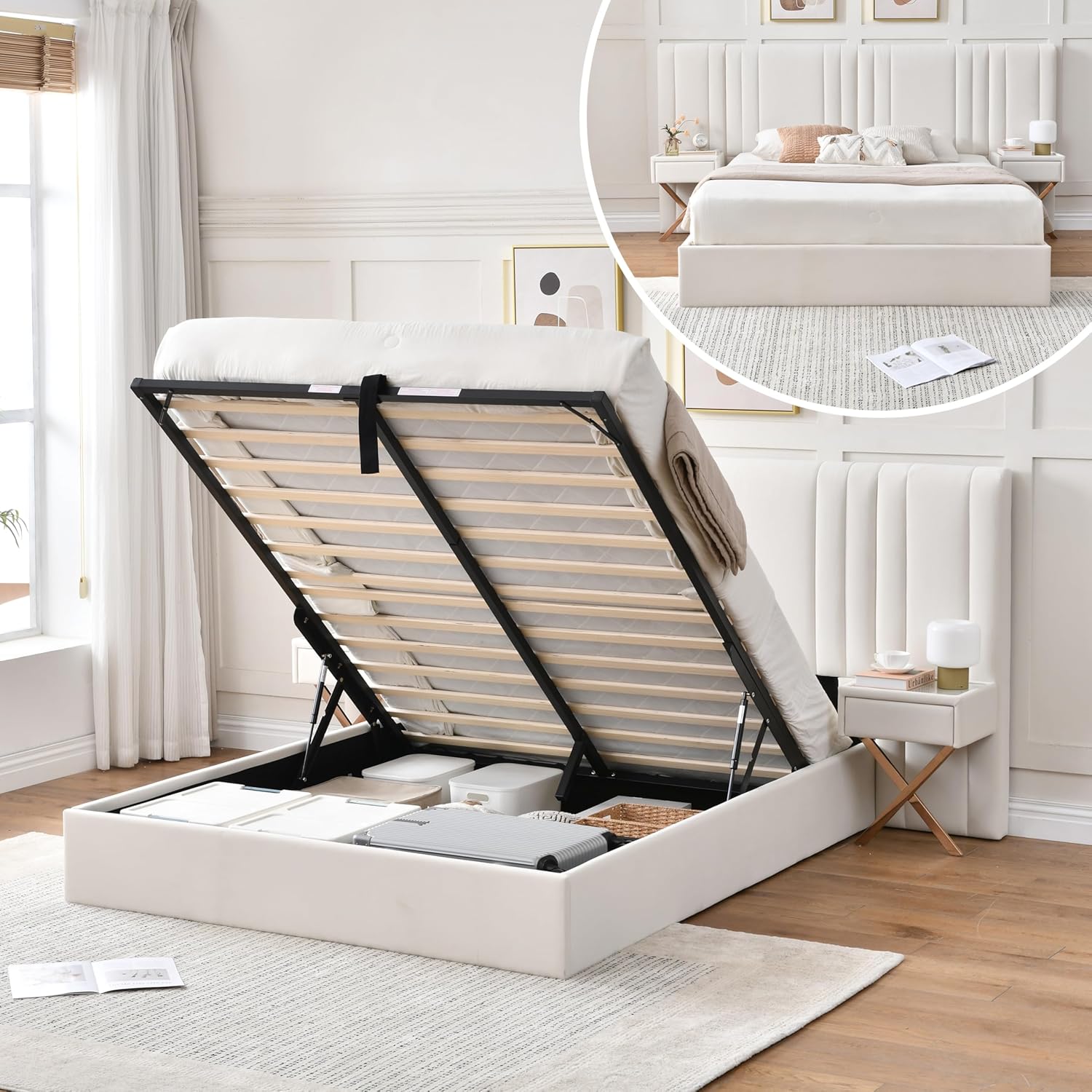 King Size Bed Frame with Built-in Nightstands, Lift Up Storage Bed with Oversize Upholstered Headboard, Luxury Bed Frame with Underneath Storage, Wood Slats Support, No Box Spring Needed, Cream