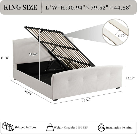 King Size Gas Lift Up Storage Bed, Bed Frame with Curved Upholstered Headboard & Button-Tufted Footboard,Hydraulic Support, Wood Slats, No Box Spring Needed, Easy Assemble, White