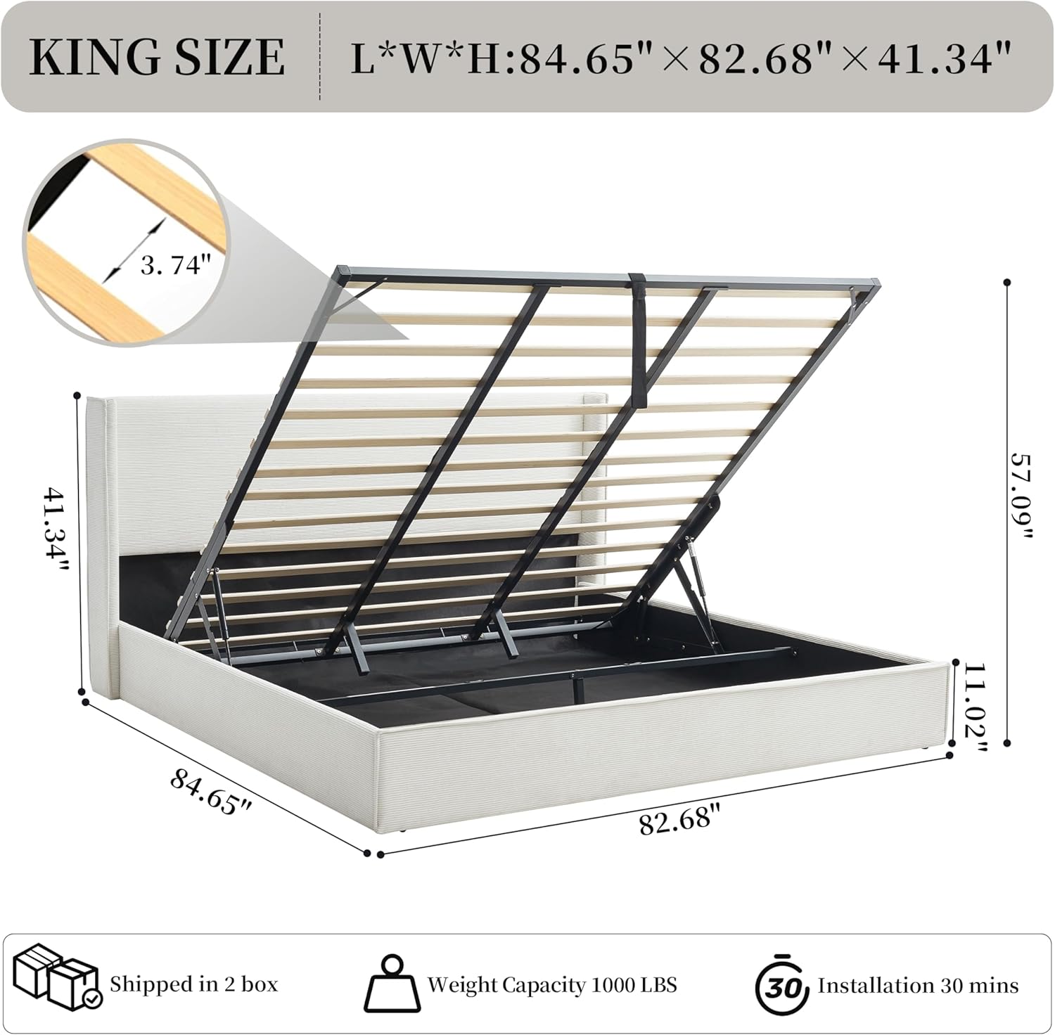 King Size Upholostered Bed Frame with Gas Lift Storage, Modern Wingback Headboard, Hydraulic Support, Corduroy Fabric, Sturdy, No Box Spring Needed, Easy Assembly, Cream