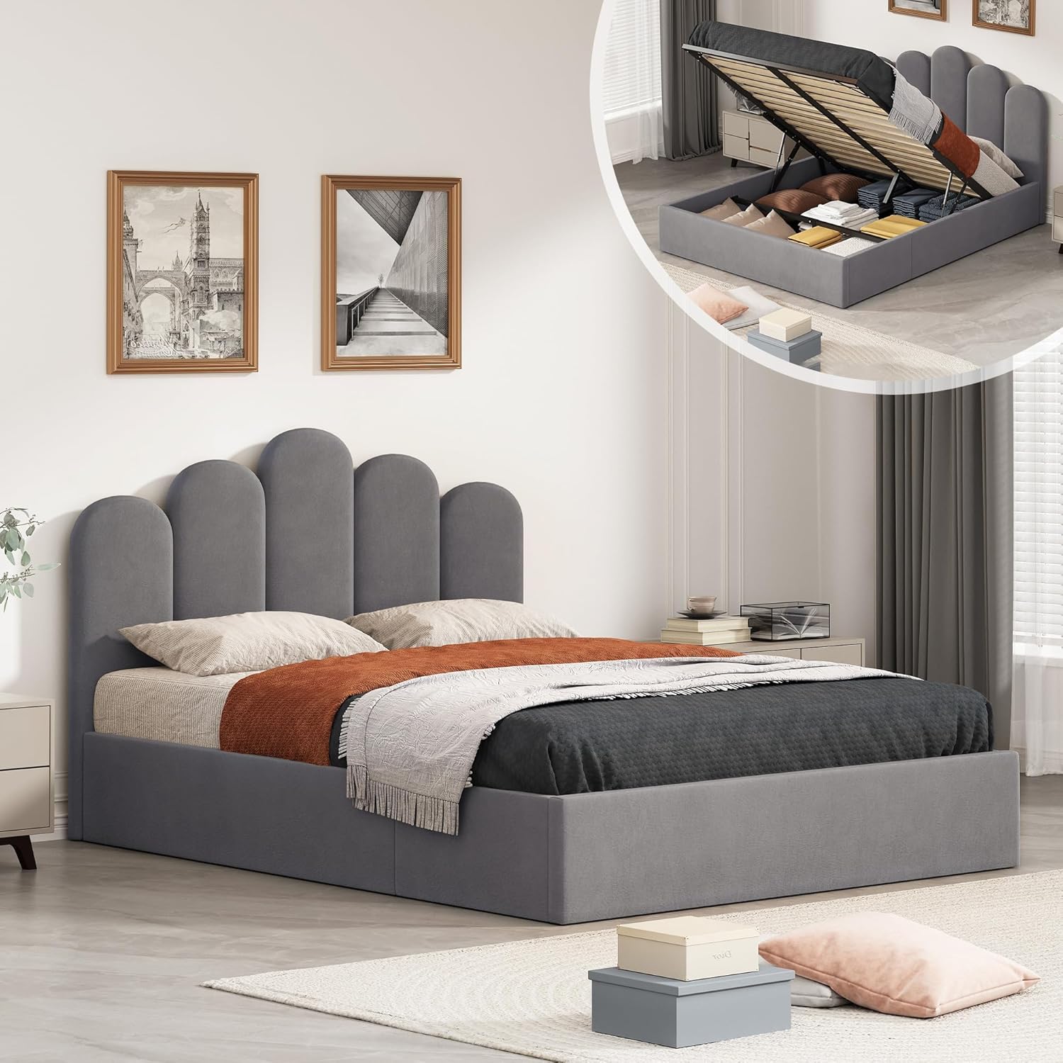 Queen Size Lift Up Storage Bed, Velvet Headboard Upholstered Platform Bed Frame, Hydraulic Storage System, Wooden Slats Support, No Box Spring Needed, Easy Assembly, Gray