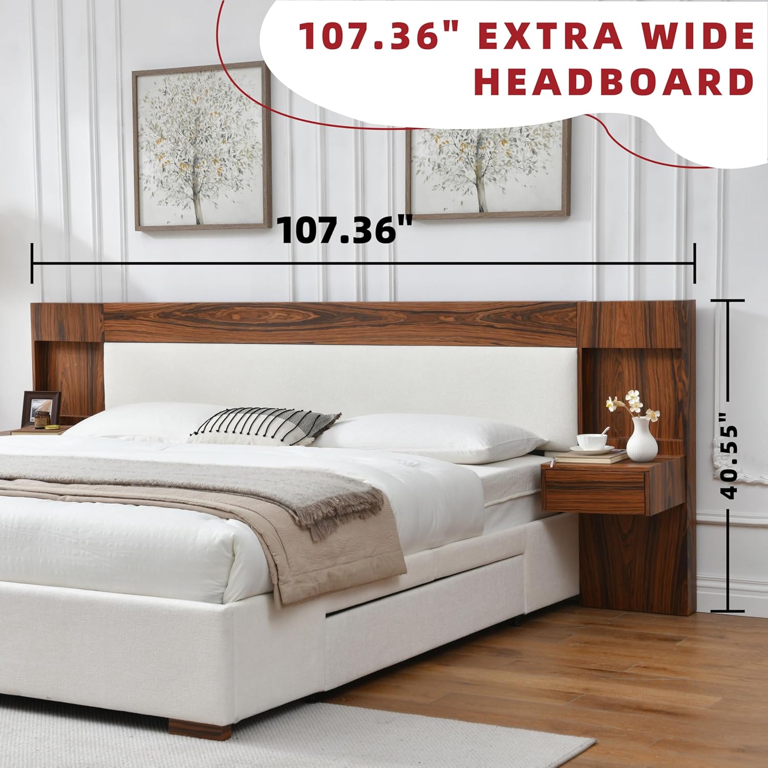 King Size Wood Bed Frame with Built-in Nightstands, Linen Platform Bed Frame with 2 Drawers, Natural Wood Grain & Luxury Upholstered Storage Headboard, No Box Spring Needed, Easy Assembly, Cream