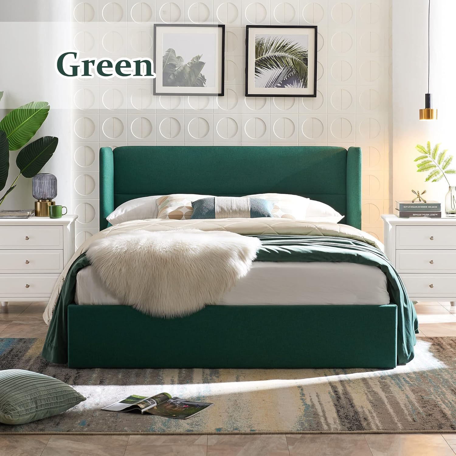 Full Size Upholstered Platform Bed Frame with Wingback Headboard, Wood Slats Support, Noiseless, Easy Assembly, No Box Spring Needed, Green