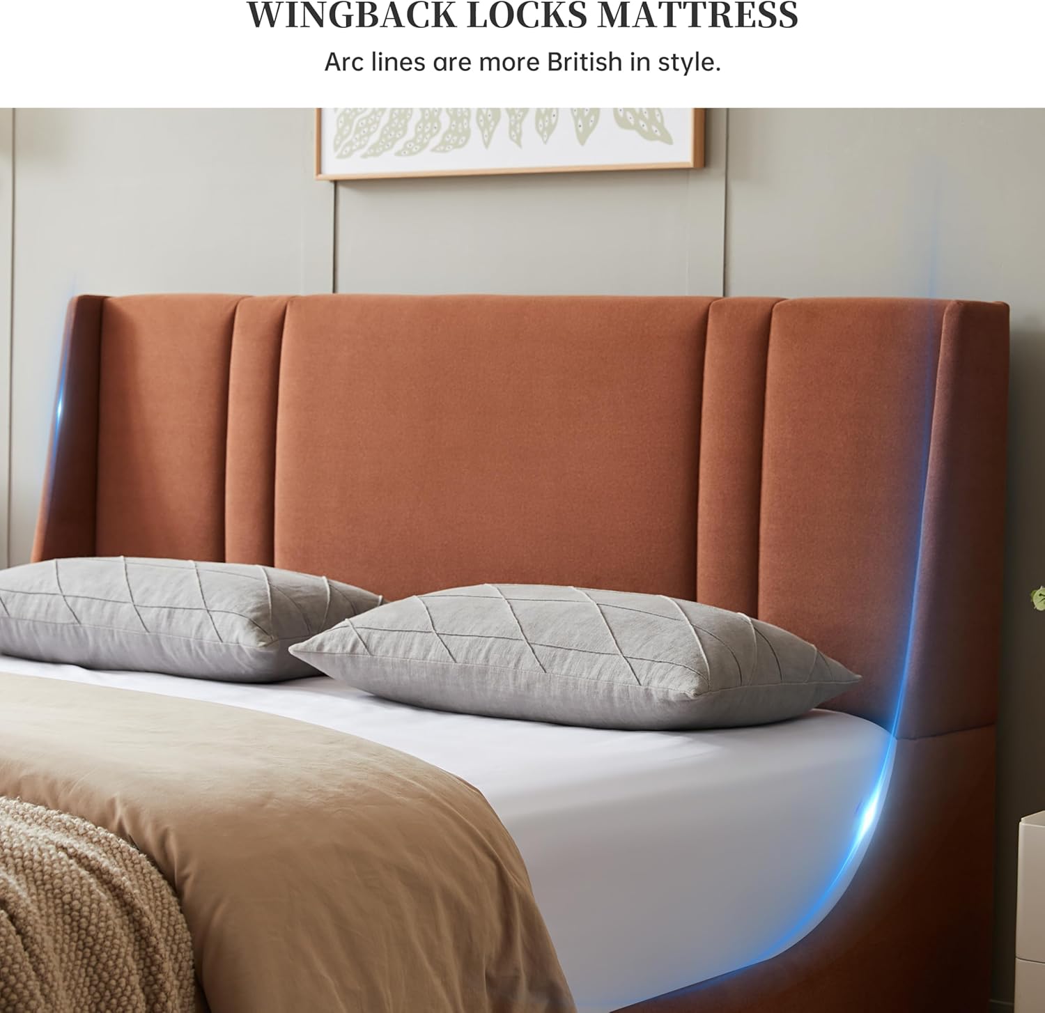 Queen Size Velvet Lift Up Storage Bed, Modern Wingback Headboard, Upholstered Platform Bed with Hydraulic Support, Metal Frame & Wood Slats, No Box Spring Needed, Easy Assembly, Ocher