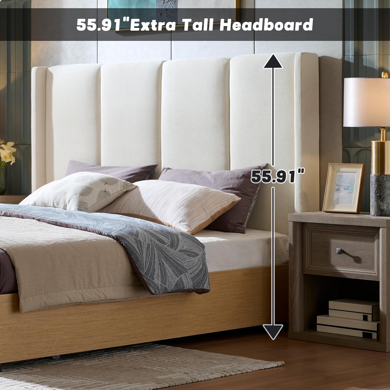 King Upholstered Bed Frame, Extra High Wingback Headboard and 2 Footboard Storage Drawers, Linen Fabric, Light Oak Wood-Finish Base, No Box Spring Needed, Easy Assembly, Beige