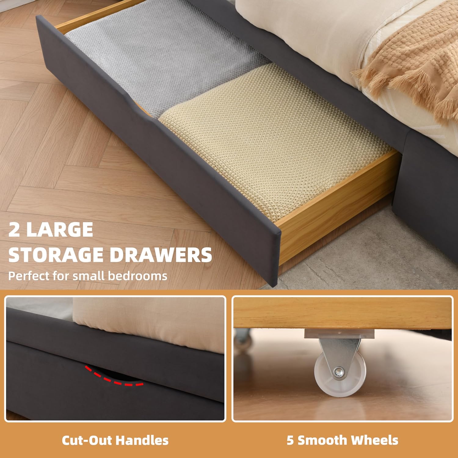 King Size Bed Frame with 63" Tall Headboard, Velvet Fabric Upholstered Platform Bed with 2 Large Storage Drawers, Deep Button Tufted, Wooden Slats, Easy Assembly, No Box Spring Needed, Gray