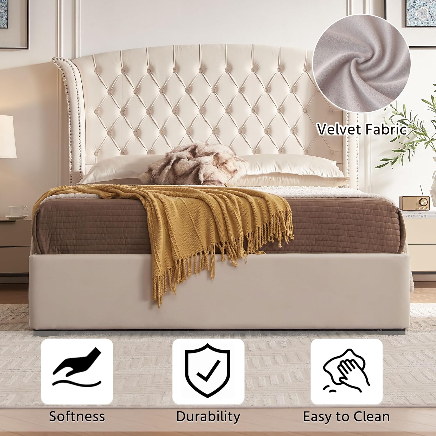 Upholstered Queen Size Bed Frame with 2 Storage Drawers, Button Tufted Wingback Headboard, Heavy Duty Mattress Foundation with Wooden Slats, No Box Spring Needed, Easy Assemable, Beige