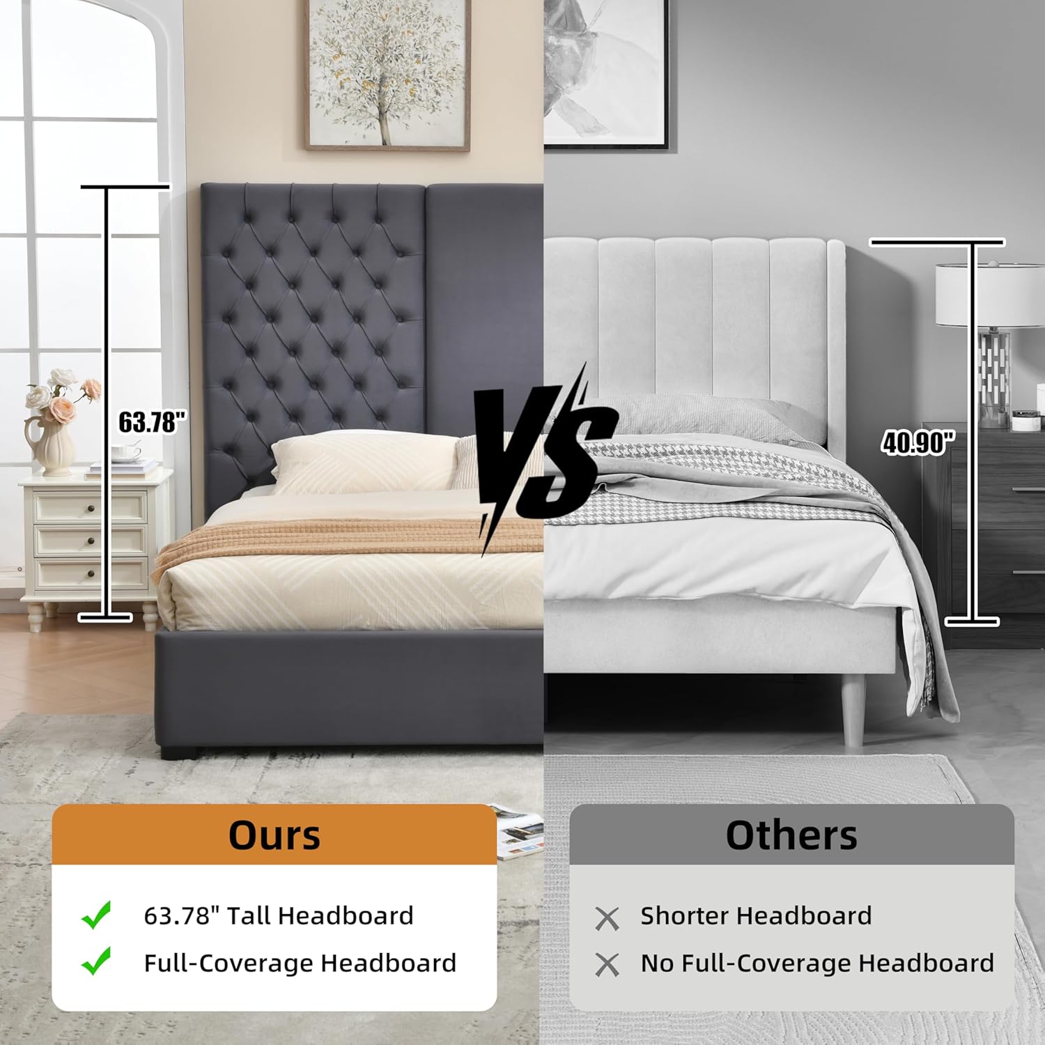 King Size Bed Frame with 63" Tall Headboard, Velvet Fabric Upholstered Platform Bed with 2 Large Storage Drawers, Deep Button Tufted, Wooden Slats, Easy Assembly, No Box Spring Needed, Gray